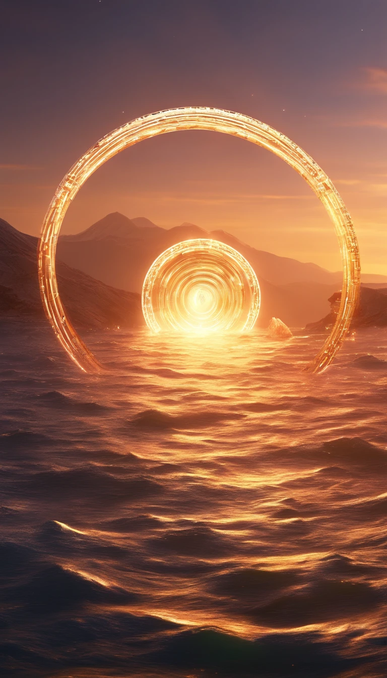 Glowing energy energy circle。  Metallic。Placed vertically between the open mountains and the sea 。Sense of space, Outer space science fiction