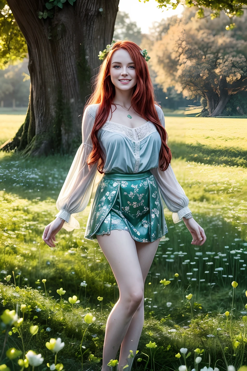 Create realistic -yeld gin girl photos with red hair (freckles), Cute face, Whole body, Slender body, shapely legs, Thin ankles, thin-waist, Green eyes, beach, naked, bodypaint, exposed