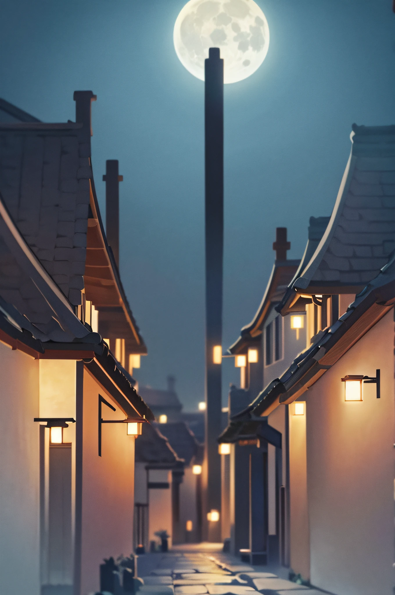 There is a village,A full moon is over the village,The sky is dark black at this time
