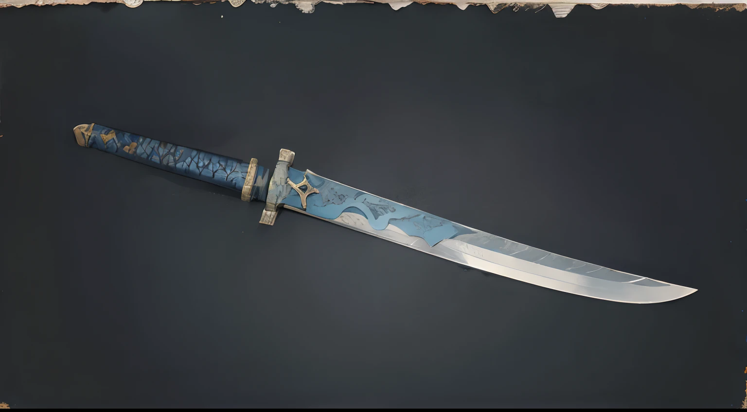 layered textures, Single Color, Calotype, One weapon, Offset print, Oversaturated, Blue sword with Initials T.G. written on the blade.