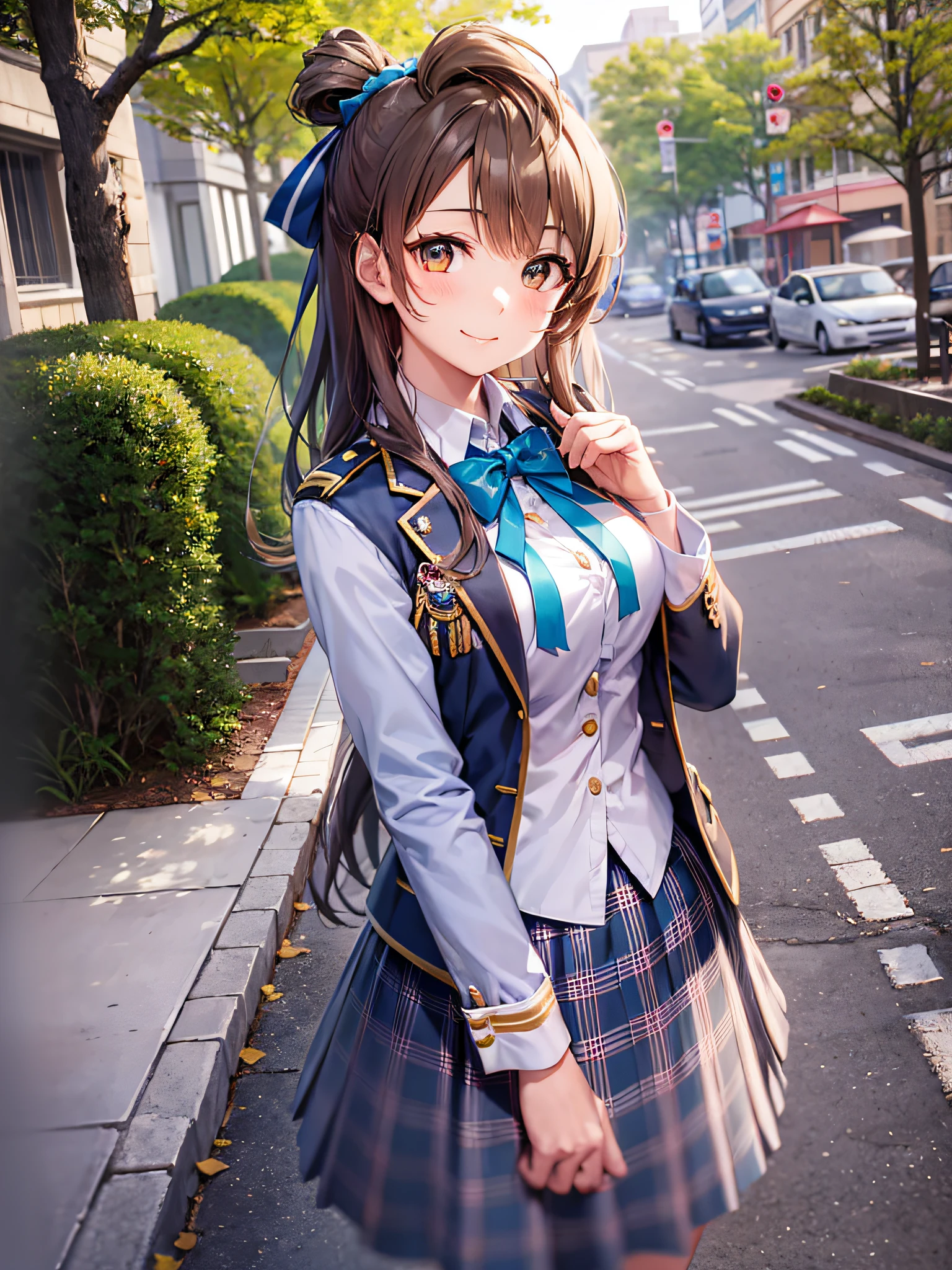 Brown hair、Tall girl with brown eyes, long curly white and golden brown hair,,,​masterpiece、top-quality、ighly detailed、realisitic、Minami Kotori,Three-dimensional feeling、full-body view、 [3D images:1.25]、a park、 super precision、[[In high-quality anime、Cute Minamikotori with light brown hair and beautiful eyes:1.15]], 8ＫImagen、A cute smile no matter who looks at it、Attractive eyes、Dress correctly、best pictures, Detailed finger、masutepiece, Photorealistic, High resolution, Soft light, Make you feel like you've breathed in,Arribbon、bow ribbon、blazers、a blue skirt、jaket、Otonokizaka Uniform、pleatedskirt、Wearing a school uniform