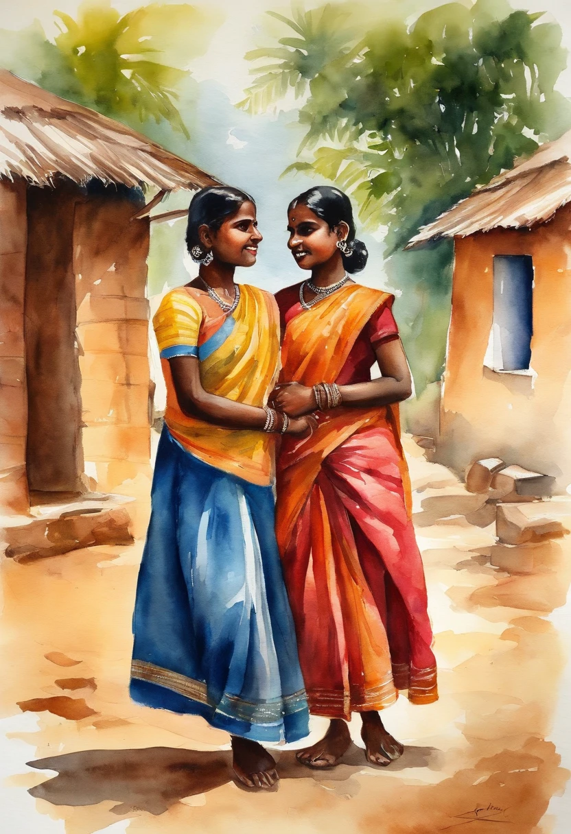 south indian two young girl in tamilnadu village street, , they are wearing silk skirt and silk short shirts,
