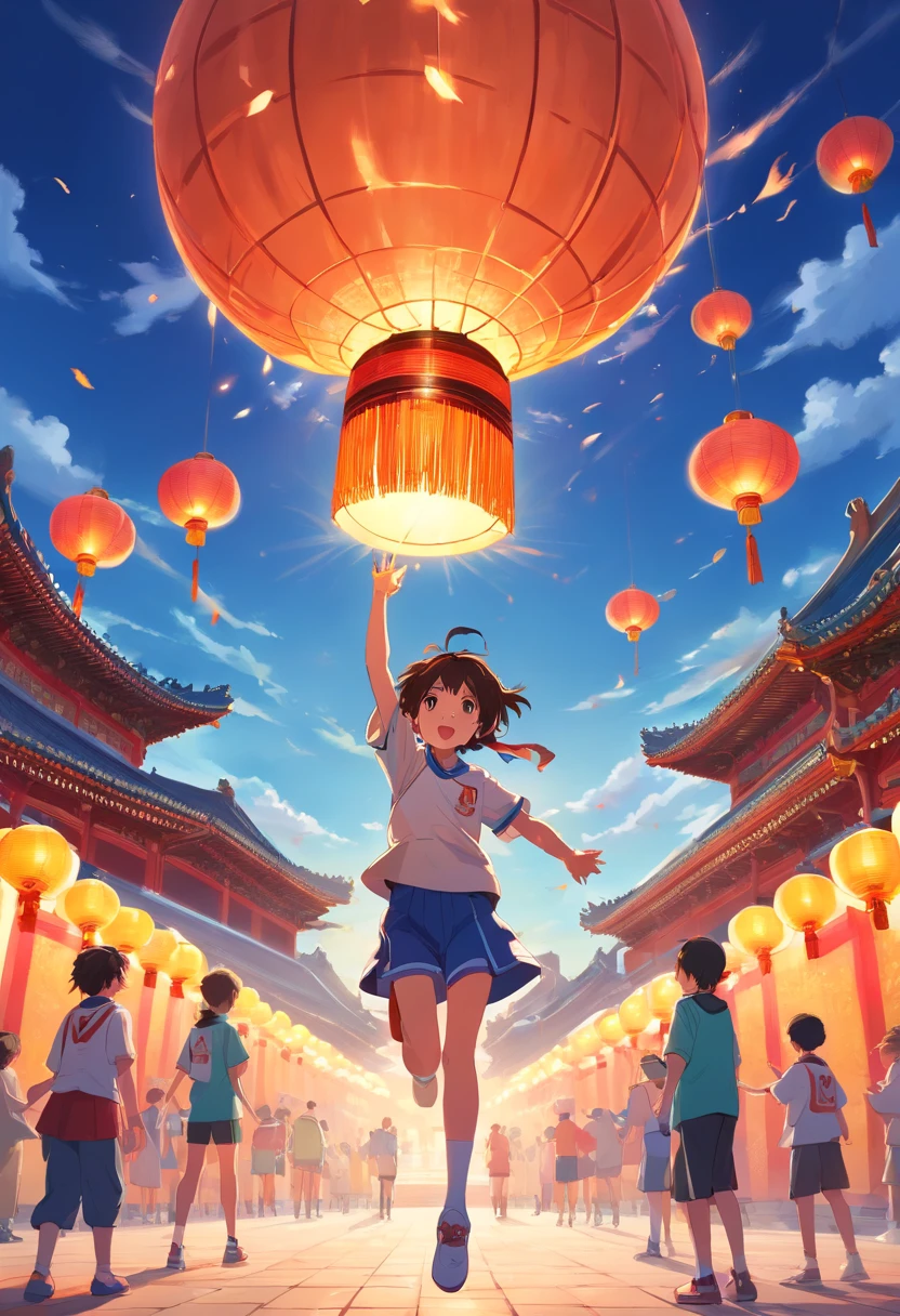 In front of the Forbidden City, In the distance, children in basketball uniforms were cheering，Lanterns float in the air，Doves of peace are flying，national day，The overall picture is located in the lower center