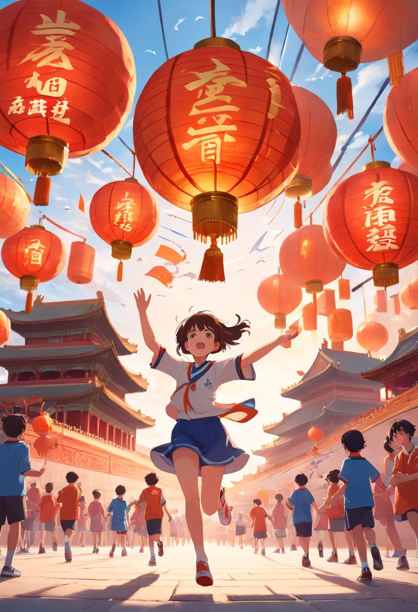 In front of the Forbidden City, In the distance, children in basketball uniforms were cheering,Lanterns float in the air,Doves of peace are flying,national day,The overall picture is located in the lower center