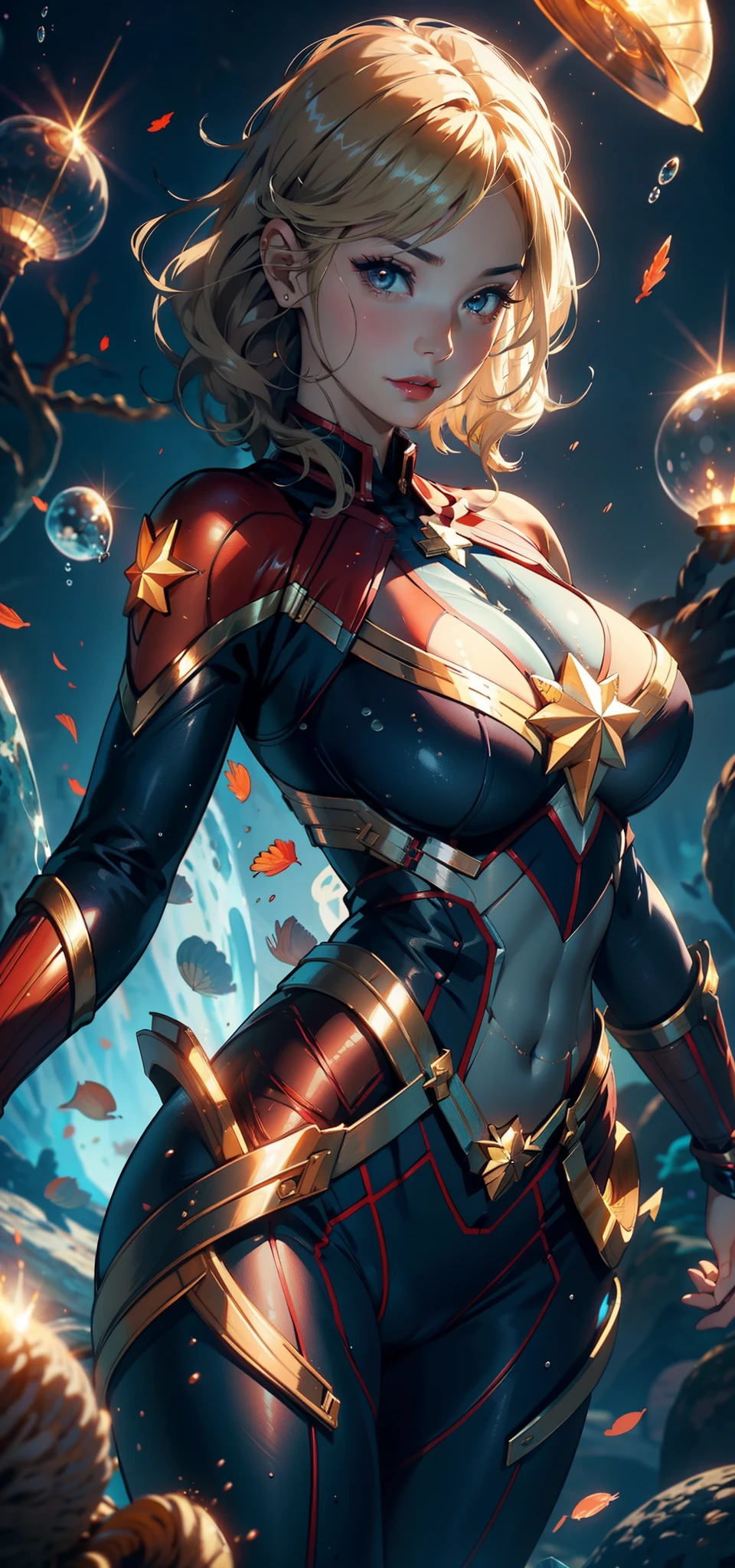 1female，41 years old，熟妇，A MILF ，Married Woman， mature，plumw，extremely large bosom ，Pornographic exposure， 独奏，（Background with：Underwater，ocean floor，Undersea volcanoes，airbubble，The corals） She has short blonde hair，standing underwater，seen from the front， hair straight，（（（tmasterpiece），（Very detailed CG unity 8K wallpaper），best qualtiy，cinmatic lighting，detailed back ground，beatiful detailed eyes，Bright pupils，Redlip（Very fine and beautiful），（Beautiful and detailed eye description），ultra - detailed，tmasterpiece，）），facing at camera，A high resolution，ultra - detailed），revealing breasts，Bare genitalia，  Bulge，legs are open，Raised sexy，Camel toes，Flushed complexion，frontage，（Wearing：Captain Marvel uniform）