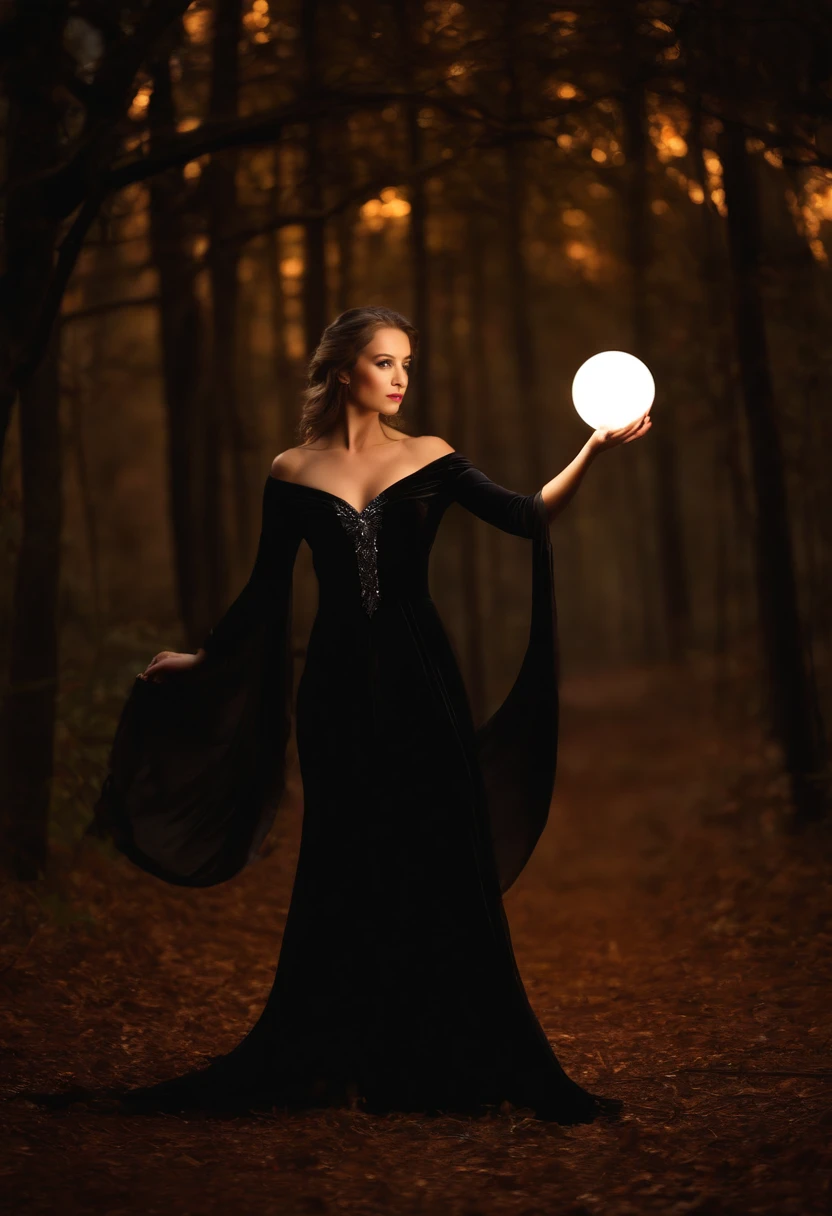 ((masterpiece)), best quality, female magician using black robe, Stunning style, holding a magic ball, forest background, night, magic ball light