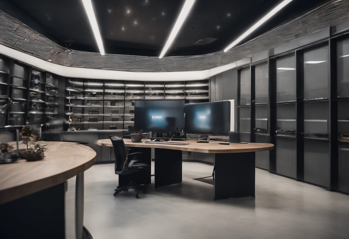 High-spec PCs are lined up、A large office for designers、no person、Bright atmosphere、overlooks、High taste、hight resolution