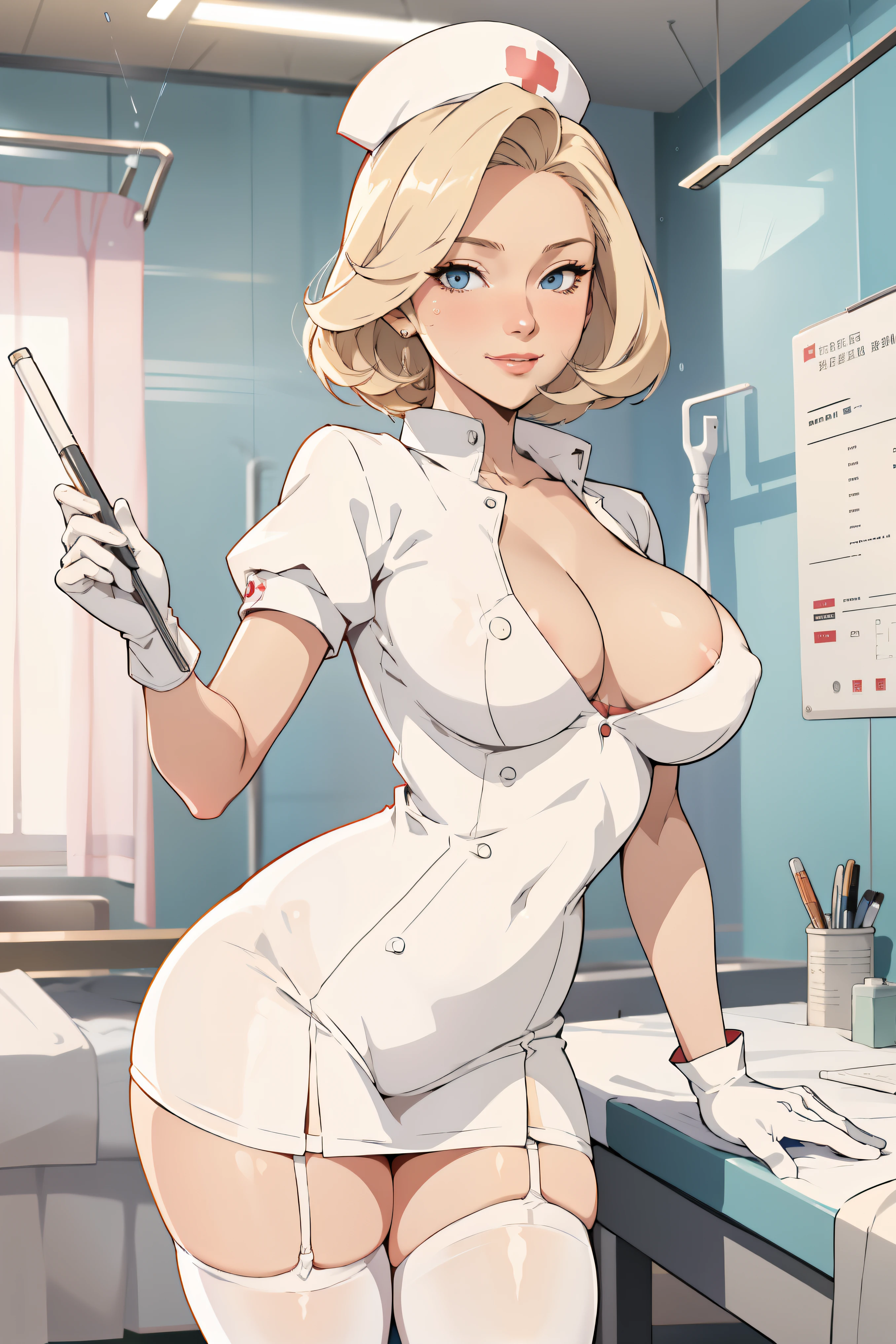 1woman, Nurse, nurse uniform, Nurse Cap, Whiteware, ((White legwear, zettai ryouiki)), White Gloves, Blonde hair, Blue eyes, pink lipsticks, Smile, Standing, sharp outline, Short sleeves, a mature female, 35 year old, Best Quality, masterpiece, infirmary, As chest shows, chest escaping, rain on face, sensuous pose, tit visible