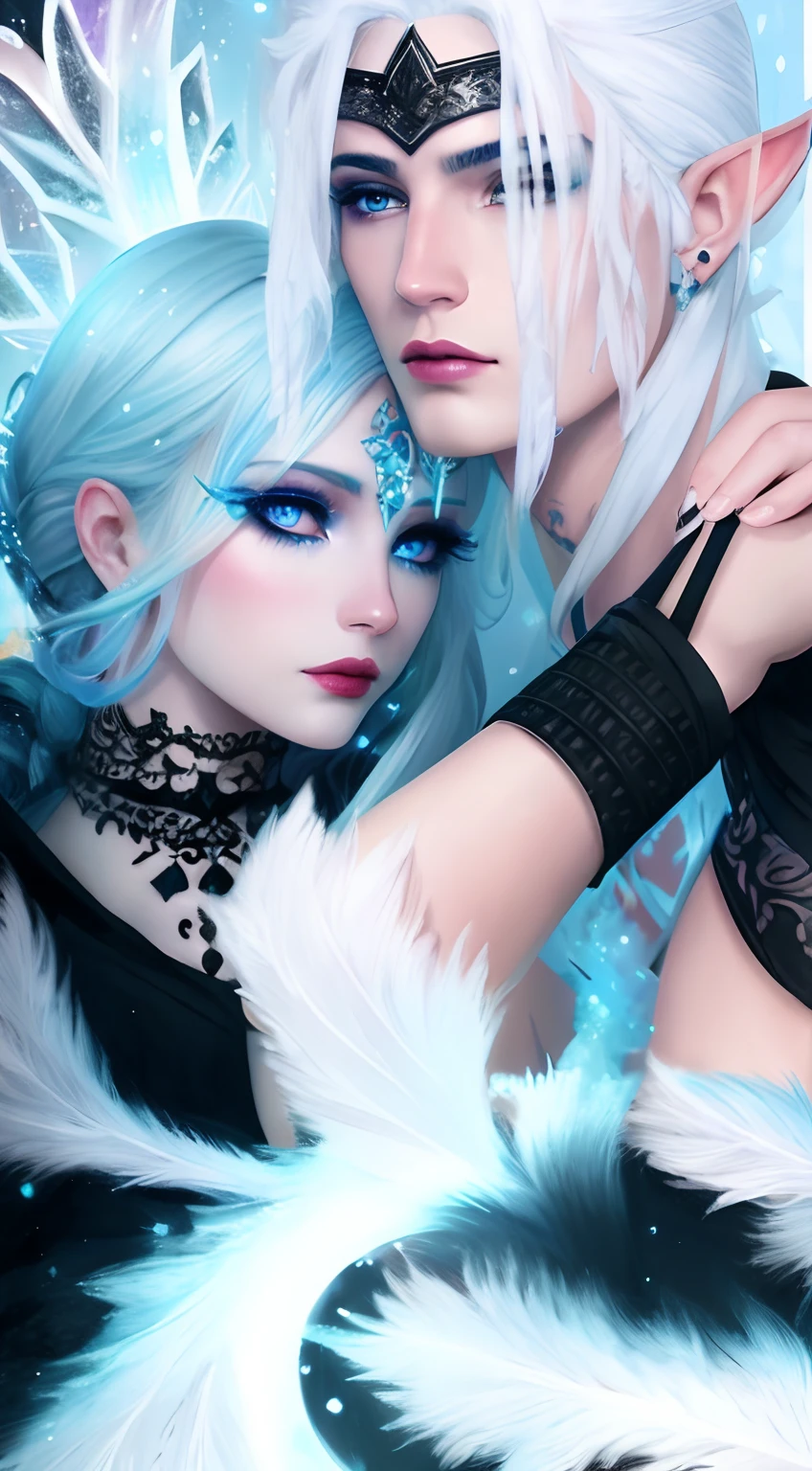 Hay una pintura digital de una mujer de cabello blanco abrazando a un hombre elfo con cabello blanco, Ice queen dressed in Gothic, Man dressed in gothic and black lightning tattoos, su piel muy clara, chaos nightmare ❄️ amour, ojos helados, Avatar de Second Life, snap shot, Reina de Hielo, tumblr, Segunda vida, Close-up fantasy with ice magic, inspirado por Ren Renfa, helado, loish |