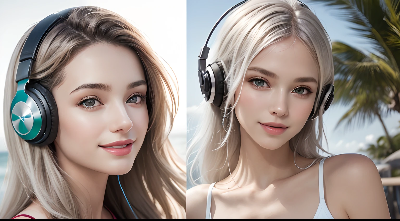 (Masterpiece, Best Quality, Photorealistic, high resolucion, photography, :1.3), Close-up shots of faces, Close-up shots of faces, Close-up shots of faces,  Sharp focus, (1 Girl, A European girl, Popular models), Realistic skin, Slender body type, Big breasts, (Her long, Pure white silver hair swept to the side, extremely detailed hair), Delicate sexy face, Organoleptic gases, Sparkling lips,(green pupil),(green pupil),(green pupil), ((realisitic, A hyper-realistic, realism, realistic detailed)), (Medium Tits:1.5), (White tank top T-shirt and ripped jean shorts), (A slender waist), (slim thigh), (Small hips), (Sorrisos),  (seaside, waves, palm tree) (seaside, waves, palm tree), (Long straight hair), A woman is standing, (Sorrisos), (Sorrisos), (headphones), ( DJ Mix), (headphones), ( DJ Mix), (headphones), ( DJ Mix)
