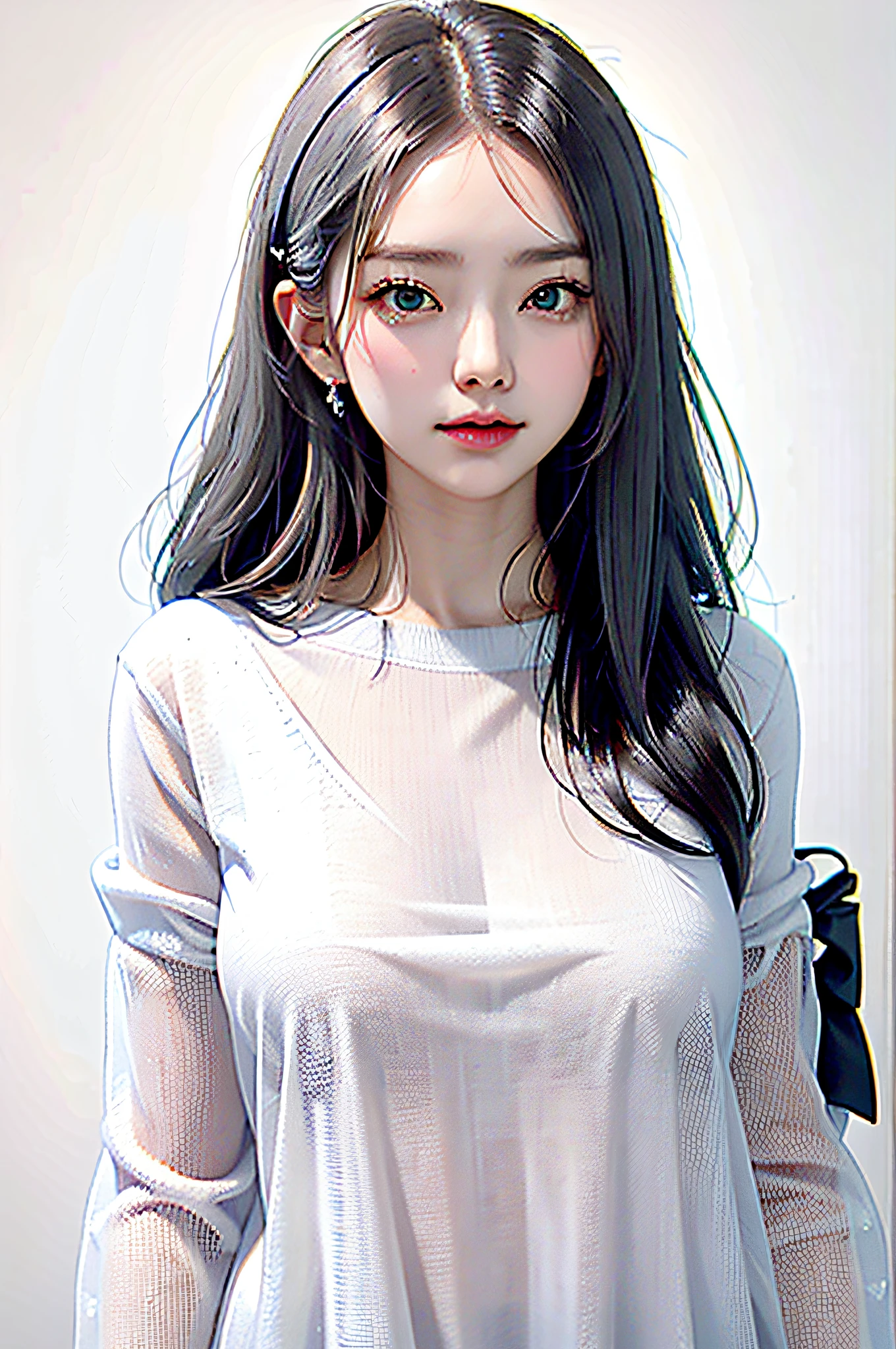 POV, ((masterpiece, best quality)), upper body, 1girl, solo, (white background:1.3), (simple background:1.3), long hair, gray hair, *//*, blue eye, *//*, white blouse, looking at viewer,