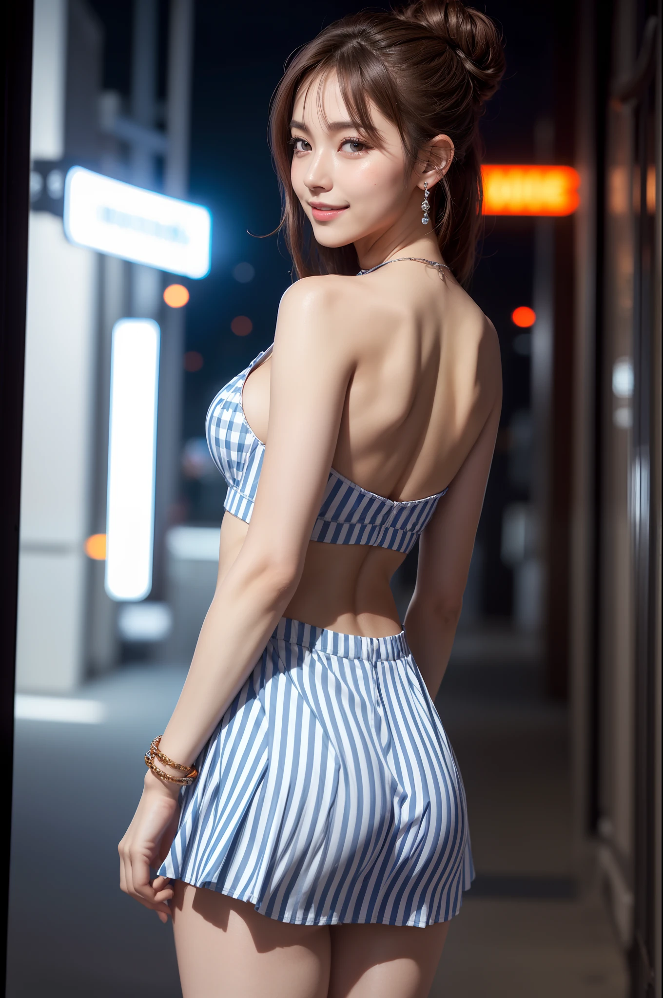 8K, masutepiece, Raw photo, Best Quality, Photorealistic, Highly detailed CG Unity 8k wallpaper, depth of fields, Cinematic Light, Lens Flare, Ray tracing, (Extremely beautiful face, Beautiful lips, Beautiful eyes), intricate detail face, ((Ultra detailed skin)) 1girl in, In the Dark, deepshadow, Pretty Korean girl, Kpop Idol, 1 girl, (Very slim and slender fit muscular body:1.3), ((Looking at Viewer)),(Big smile:1.3), (Midnight, a dark night, (Neon sign), (Blurred background), Dim light), (No people in the background:1.3), Beautiful earrings, Bracelets, Necklace, pantyhose, Clear eyes, Walking , Front shot, (pale skin), (Big eyes), Face forward, (Full body shot), (Brown hairs), open navel, (Looking at Viewer:1.3), Very slim, medium breasts, (Camel toe), thick thighs, turn back, (fluttering mini dress), (((Medium length skirt dress with blue and white vertical stripes))), (Tight skirt), ((backtrack, Back shot)), Ultra mini skirt, ((exposed ass)), upper Shot,((Magenta_Wearing Color_Ultra-thin_Lace_Underwear))