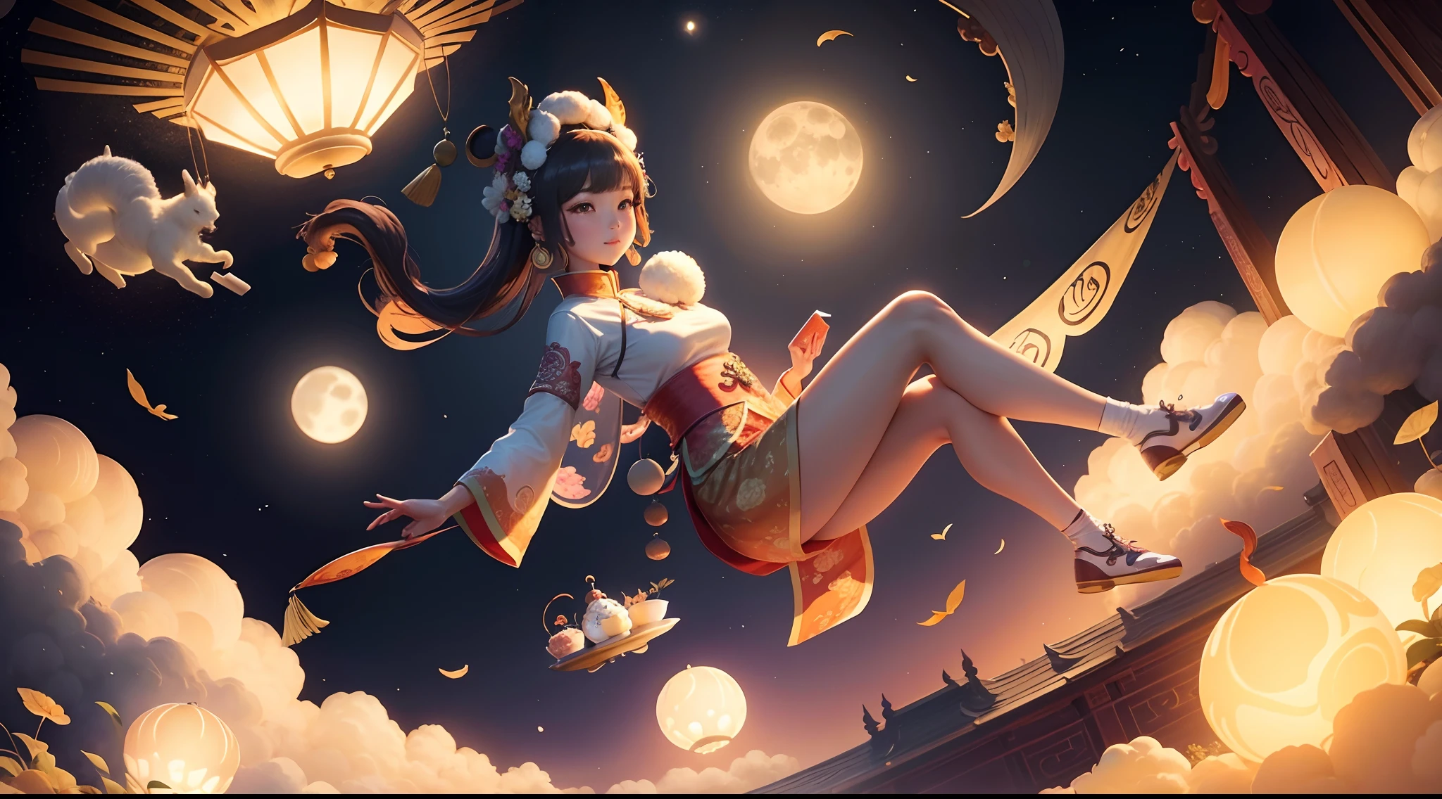 Mid-Autumn Festival Jade Rabbit Chang'e Flying Moon Cake Auspicious Cloud Country Chaofeng Illustration Festival