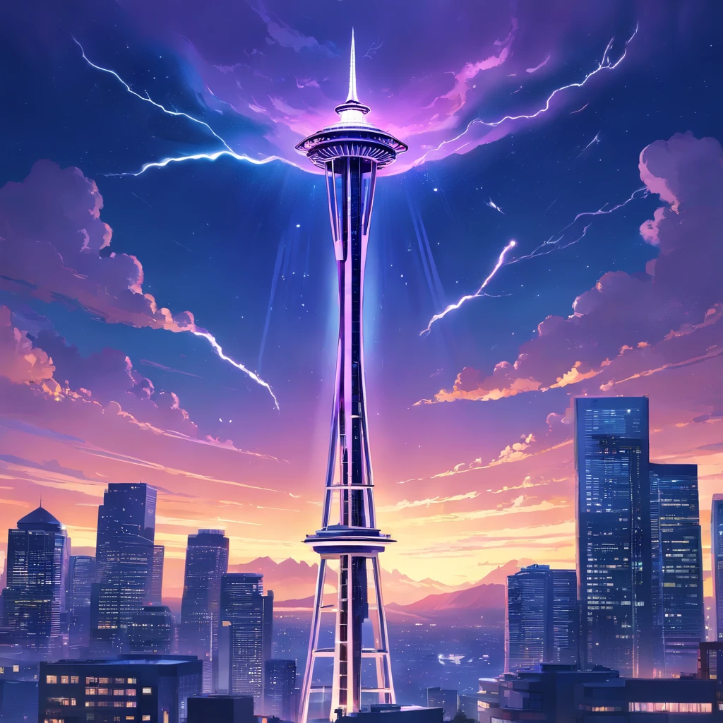 Isekai Space Needle、Space Needle of the near future、Space Needle、landmark、thunder clouds、lightning bolt、thunderstyle, simple purple background, Space Needle floating in the night view of Seattle、fantasy art, The glowing Space Needle、Fantasy world of Seattle cityscape、from below, night sence, night city view, Composition with emphasis on the presence of the Space Needle、