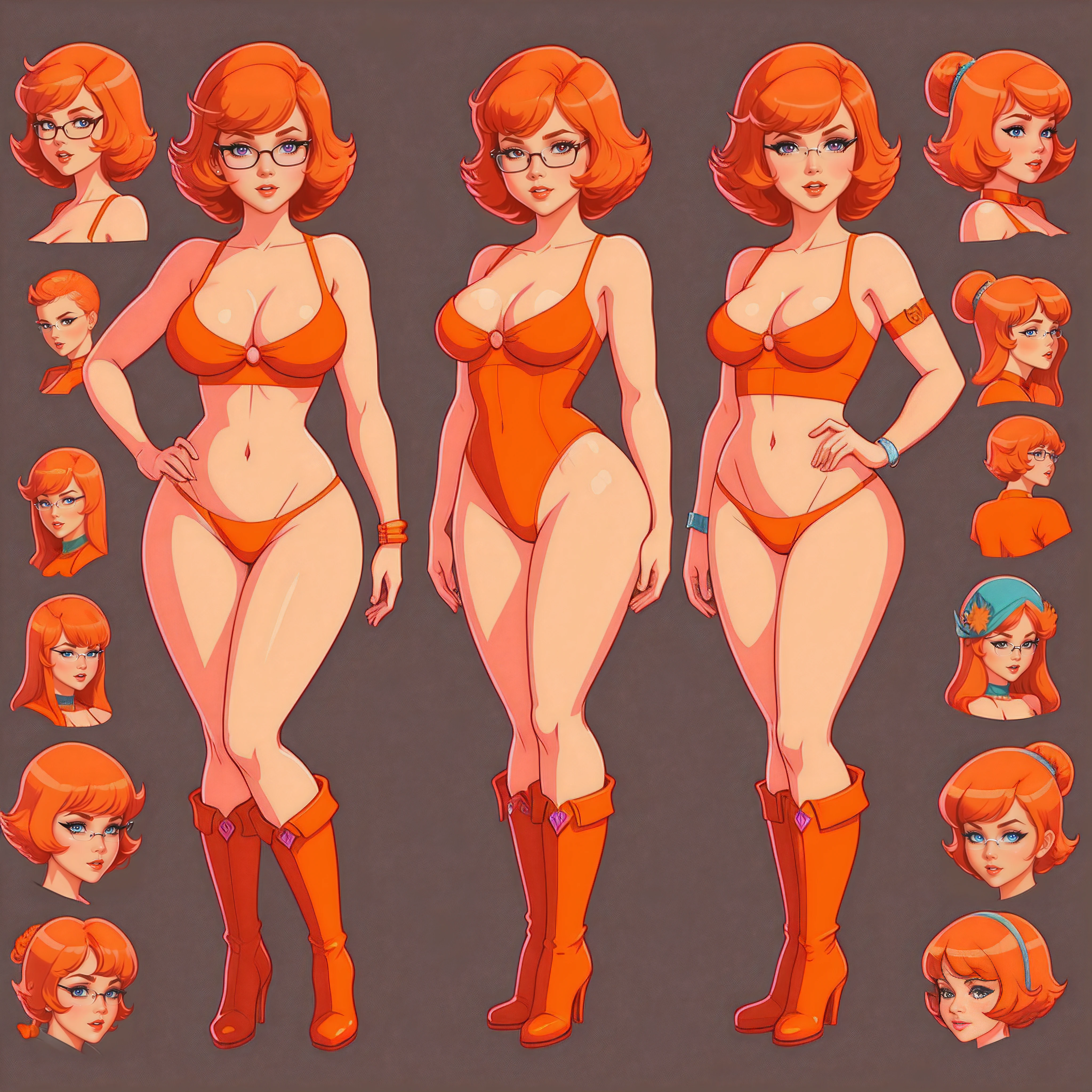 STICKER, A detailed illustration of a vivid Sexy Velma Dinkley from Scooby Doo naked, bare breasts, face view, ass view, side by side, orange thong, Solo Female, medium breasts, full cleavage, Full Body View, orange high heeled boots, soft nipples, hands behind her back, vintage t-shirt design, in the style of hand drawing, 3D vector art, fantasy art, watercolour effect, Adobe Illustrator, hand-drawn, digital painting, low-poly, soft lighting, isometric style, retro aesthetic, focused on the character, Best Quality, Masterpiece, Beautiful Eyes and Face Details