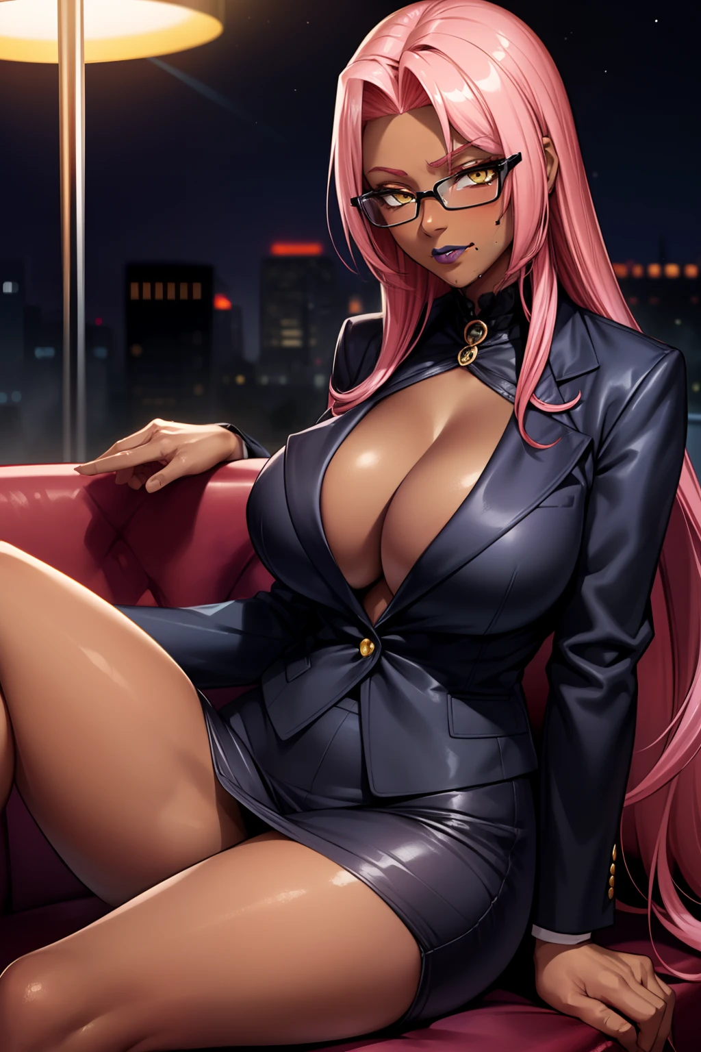 1girl,ingrid, dark-skinned female, very long hair, yellow eyes, purple lips, pink hair, forehead, hair intakes, mole under mouth, mole, large breasts,business suit, formal, jacket suit, skirt suit, cleavage,cowboy shot,glasses,night,nightclub,pub,indoor.sitting,on  couch,smirk,legs apart