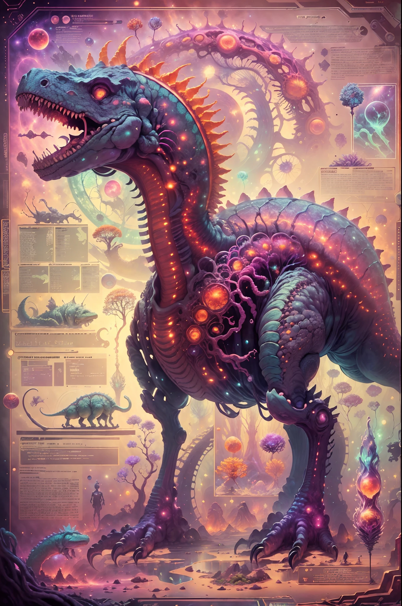 Fantasy00d Technical Diagram, Info graphic, Charts, of A Cosmic Anatomical Dinosaur, Info Graphic, Scientific, Data Diagram, Nervous System, Galaxy, Vibrant Colors, Midnight Aura, Ultra Detailed, H.R. Giger, Max Ernst, Thomas Kinkade, Robert Gonsalves, dark background, flowervirus