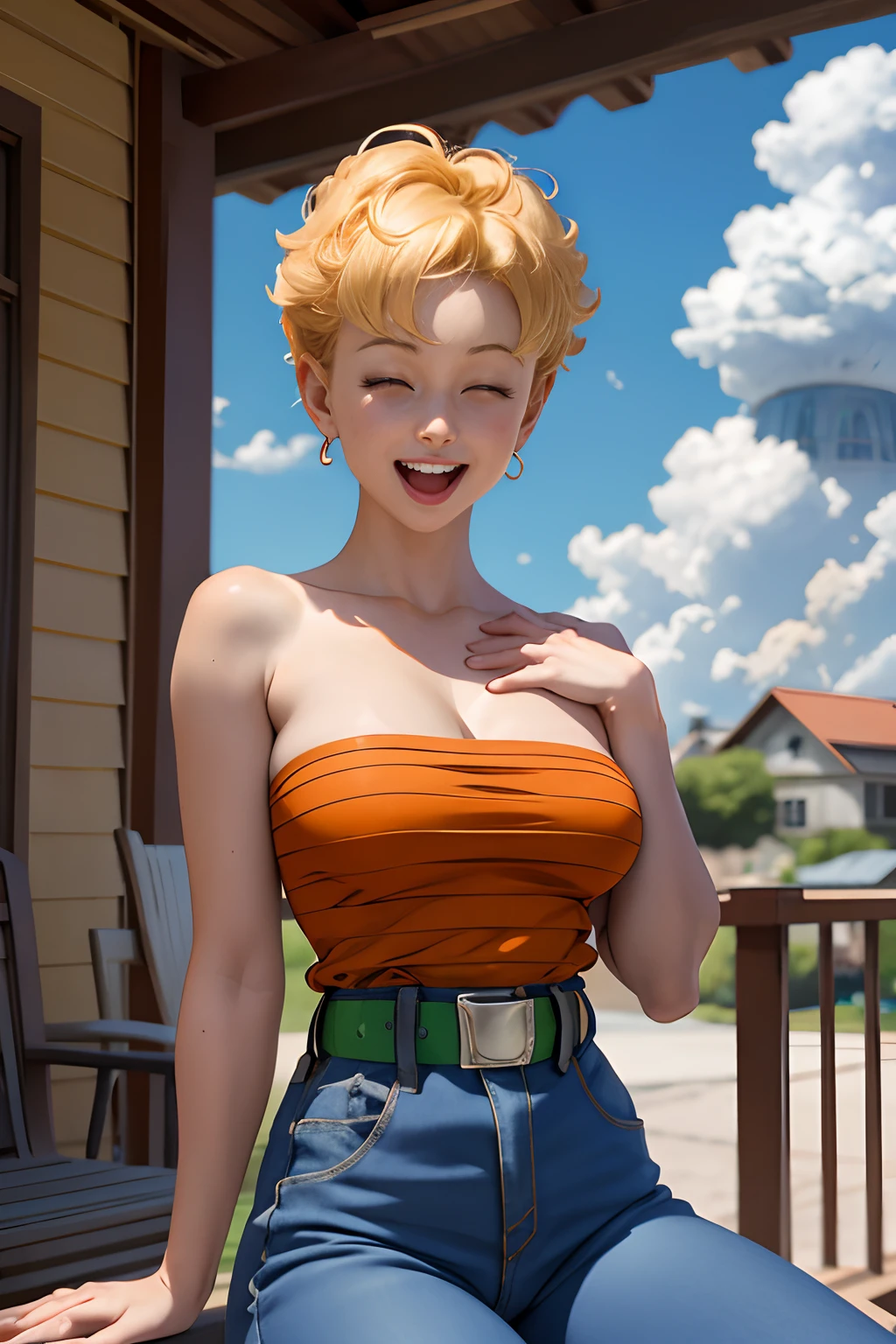 masterpiece, best quality, panchy, orange shirt, strapless, belt, blue pants, upper body, surprised, open mouth, closed eyes, happy, smile, large breasts, porch, sitting, sky, clouds, house, hands on own legs