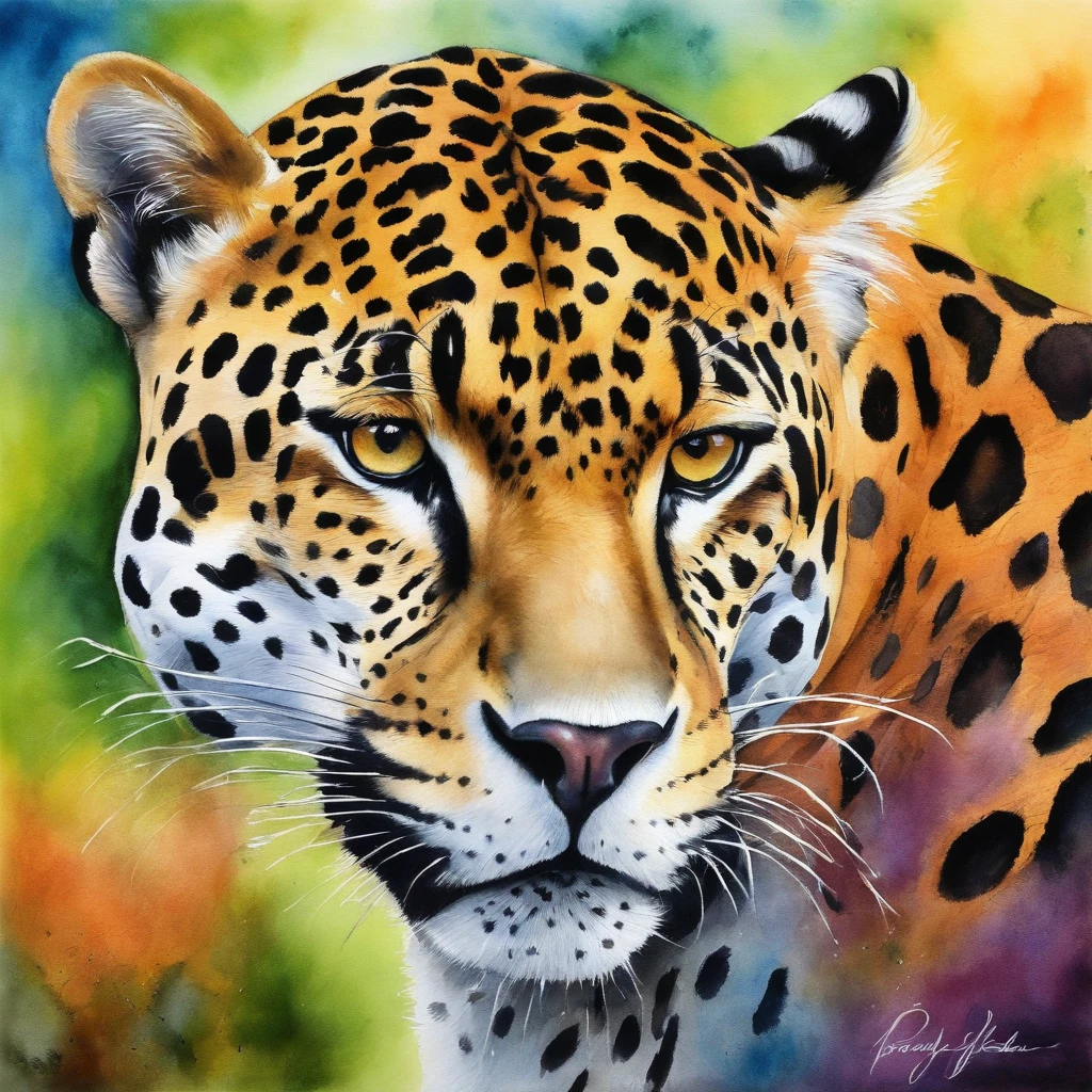 Picture of a jaguar, rainbow colours, vibrant, spectacular, no signature or watermark, no signature