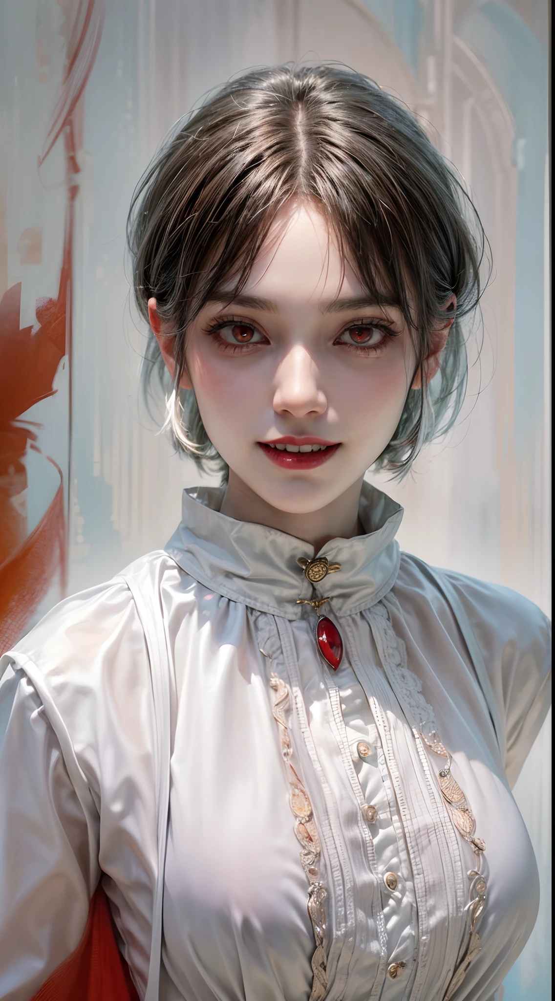 (((Masterpiece, best quality, highres))), (((vampire girl, red eyes, evil smile))), ((pale skin)), ((gothic white dress, bob cut hair, white hair)), hyperrealist portrait of female by david hockney and alphonse mucha, fantasy art, photo realistic, dynamic lighting, artstation, poster, volumetric lighting, very detailed faces, perfect face, perfect hands, 4 k, award winning, 1girl, in the dark, deep shadow, low key, cowboy shot)), ((ancient background)).