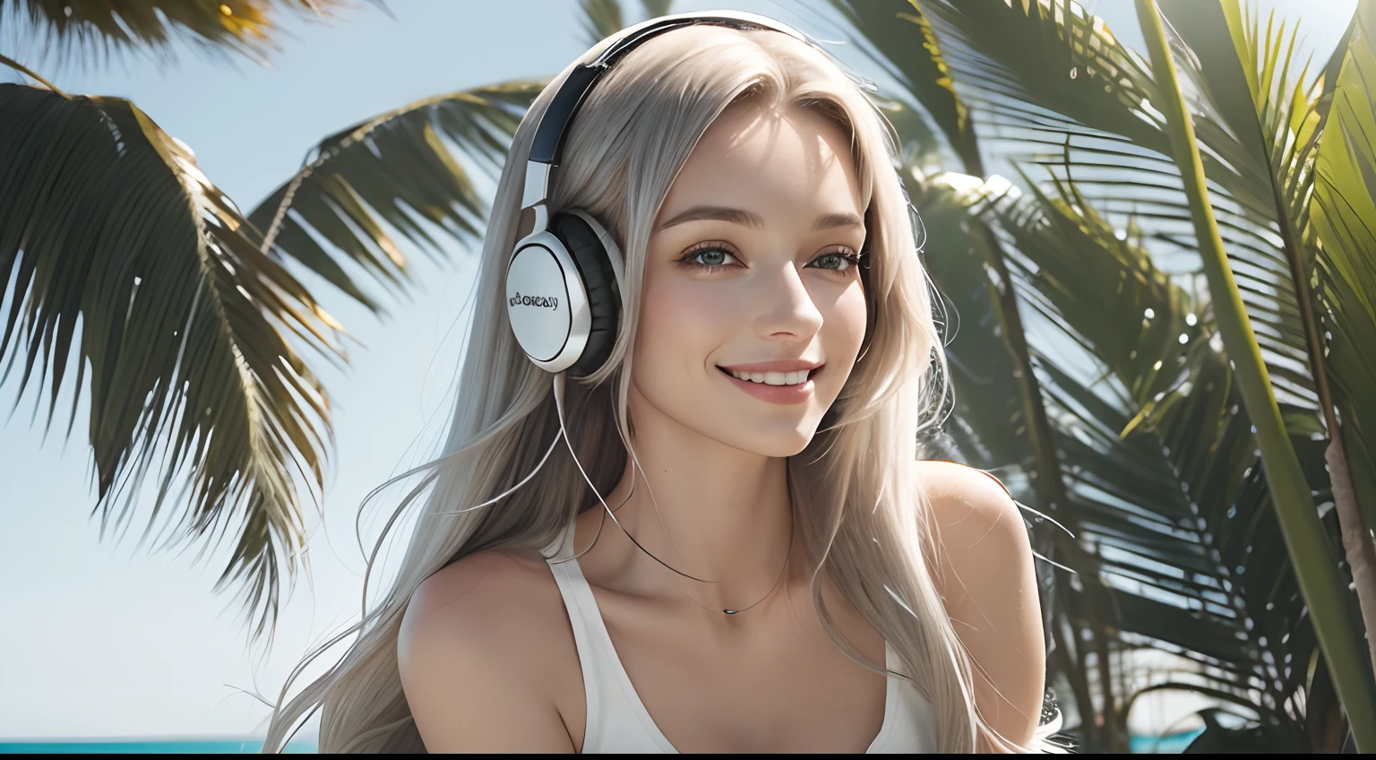 (Masterpiece, Best Quality, Photorealistic, high resolucion, photography, :1.3), Close-up shots of faces, Close-up shots of faces, Close-up shots of faces, Sharp focus, (1 Girl, A European girl, Popular models), Realistic skin, Slender body type, Big breasts, (Her long, Pure white silver hair swept to the side, extremely detailed hair), Delicate sexy face, Organoleptic gases, Sparkling lips,(green pupil),(green pupil),(green pupil), ((realisitic, A hyper-realistic, realism, realistic detailed)), (Medium Tits:1.5), (White tank top T-shirt and ripped jean shorts), (A slender waist), (slim thigh), (Small hips), (Sorrisos), (seaside, waves, palm tree) (seaside, waves, palm tree), (Long straight hair), A woman is standing, (Sorrisos), (Sorrisos), (Headphones & DJ Mix)