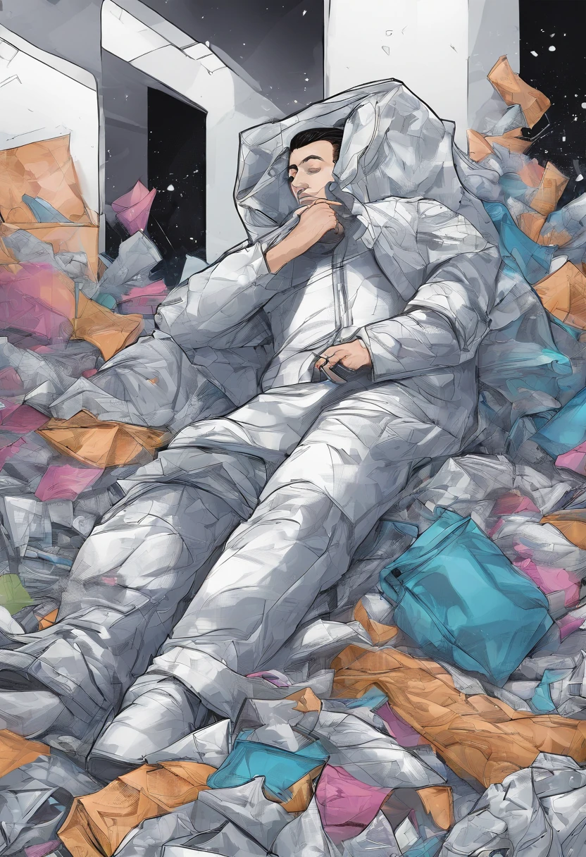 A man lies in a pile of garbage bags,Heads-up