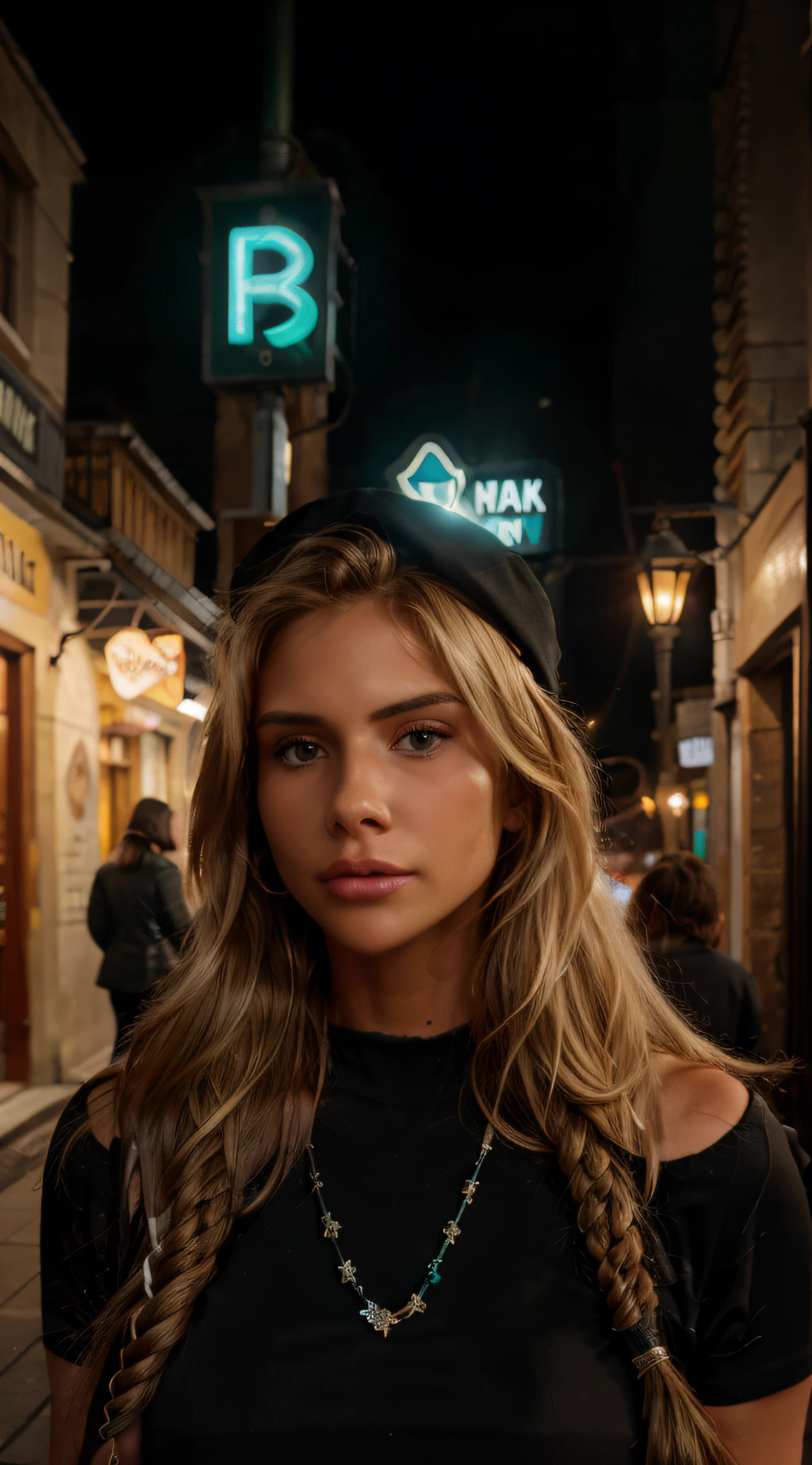 professional, (4k photo:1.1) by (Jeremy Lipking:0.3), (Dittmann Anna:0.3), (Arian Mark:0.3), (Sharp focus:1.3), high detail, wearing, beautiful detailed face, hazel eyes, long blonde hair, (attractive young woman:1.3), ((fashion )), wearing hat and glasses, walking down a dark alley, city at night, street lamp, neon lighting, detailed skin pores, unreal engine 5, beautiful detailed hand, 8k UHD, DSLR, high quality, Cinematic light, astonishing realistic