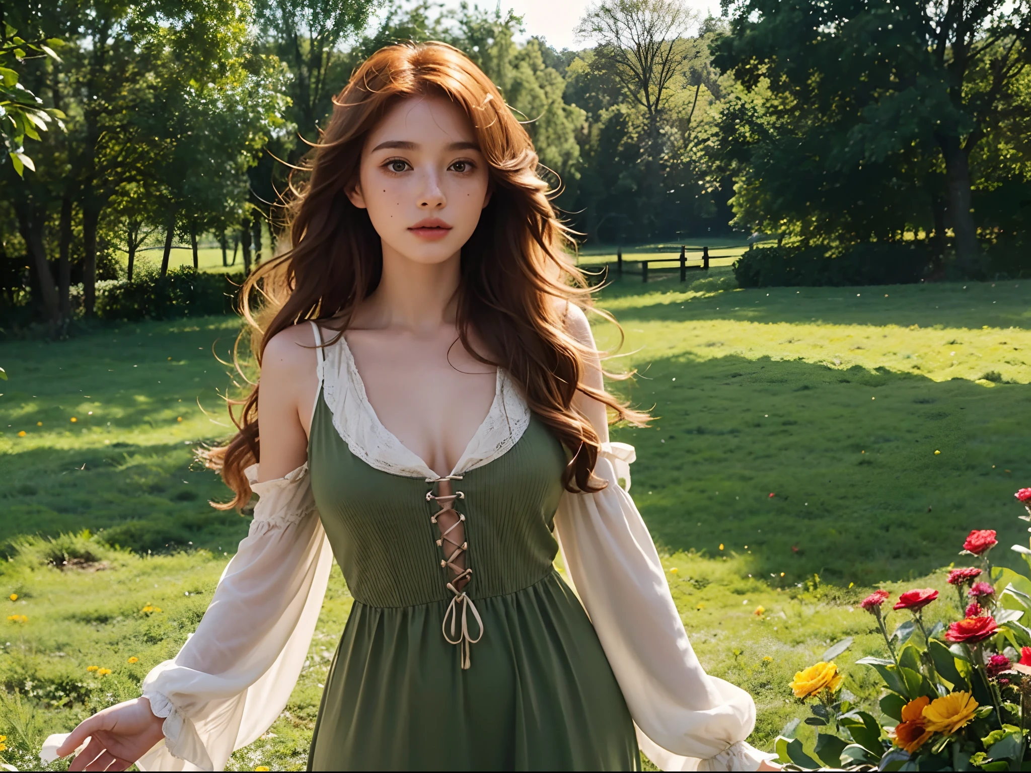 Luma is an elegant person, She is beautiful，Strong posture, Her breasts are well proportioned, Pear-shaped feminine silhouette, auburn hair, Long russet hair, She has expressive eyes, ( Only the eyes are olive green) Her skin is fair，There are some light-colored freckles on the cheekbones, Busty, Farm, Brown rustic clothes, boho outfit, Farm bohemian fashion clothing, romantic atmoshere, Fire lights, spark of light, Flowers wear cartoons with hair half straight and half curly ends