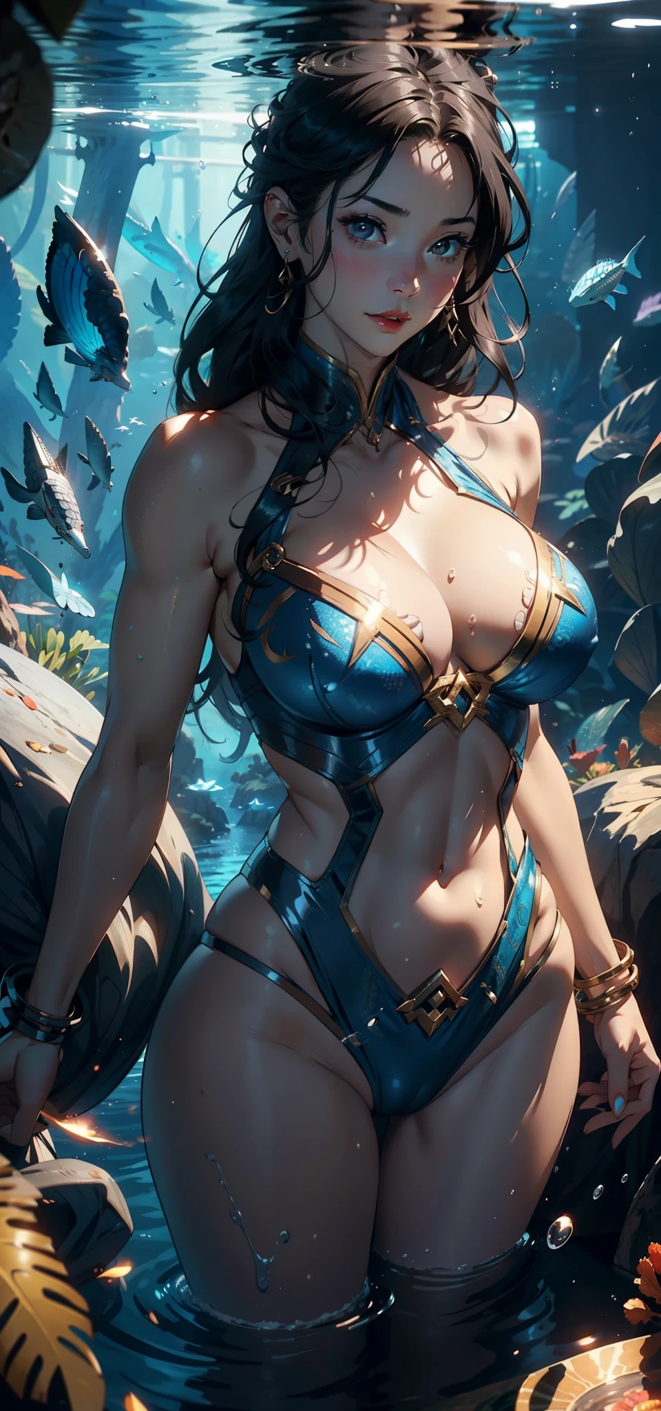 1female,41 years old,熟妇,A MILF ,Married Woman, mature,plumw,extremely large bosom ,Pornographic exposure, 独奏,(Background with:Underwater,ocean floor,Undersea volcanoes,airbubble,The corals) She has short black hair,standing underwater,seen from the front, hair straight,(((tmasterpiece),(Very detailed CG unity 8K wallpaper),best qualtiy,cinmatic lighting,detailed back ground,beatiful detailed eyes,Bright pupils,Redlip(Very fine and beautiful),(Beautiful and detailed eye description),ultra - detailed,tmasterpiece,)),facing at camera,A high resolution,ultra - detailed),revealing breasts,Bare genitalia, Bulge,legs are open,Raised sexy,Camel toes,Flushed complexion,,frontage,(Wearing:Aquaman uniform)