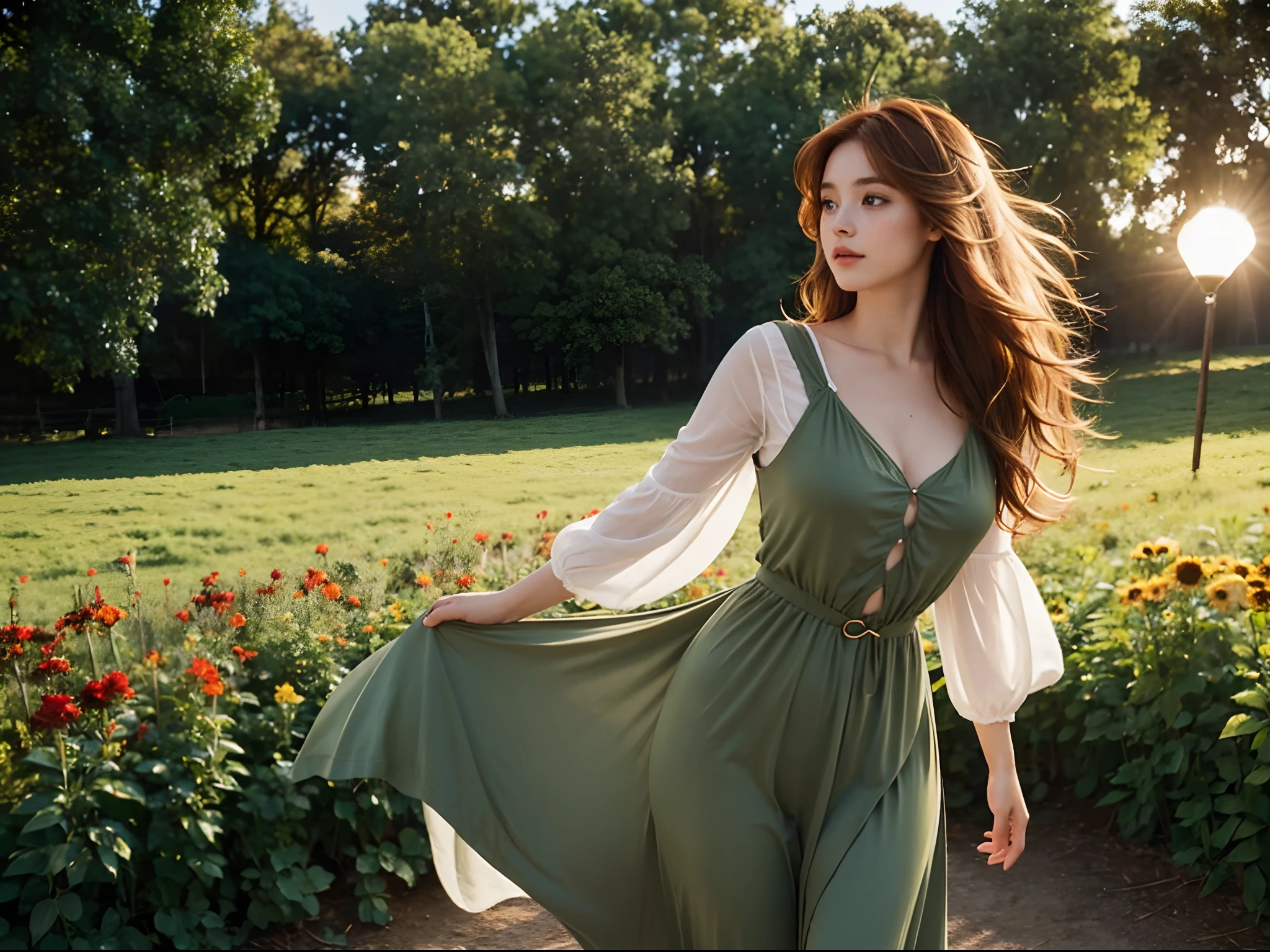 Luma is an elegant person, She is beautiful,Strong posture, Her breasts are well proportioned, Pear-shaped feminine silhouette, auburn hair, Long russet hair, She has expressive eyes, ( Only the eyes are olive green) Her skin is fair,There are some light-colored freckles on the cheekbones, Busty, Farm, Brown rustic clothes, boho outfit, Farm bohemian fashion clothing, romantic atmoshere, Fire lights, spark of light, Flowers wear cartoons with hair half straight and half curly ends