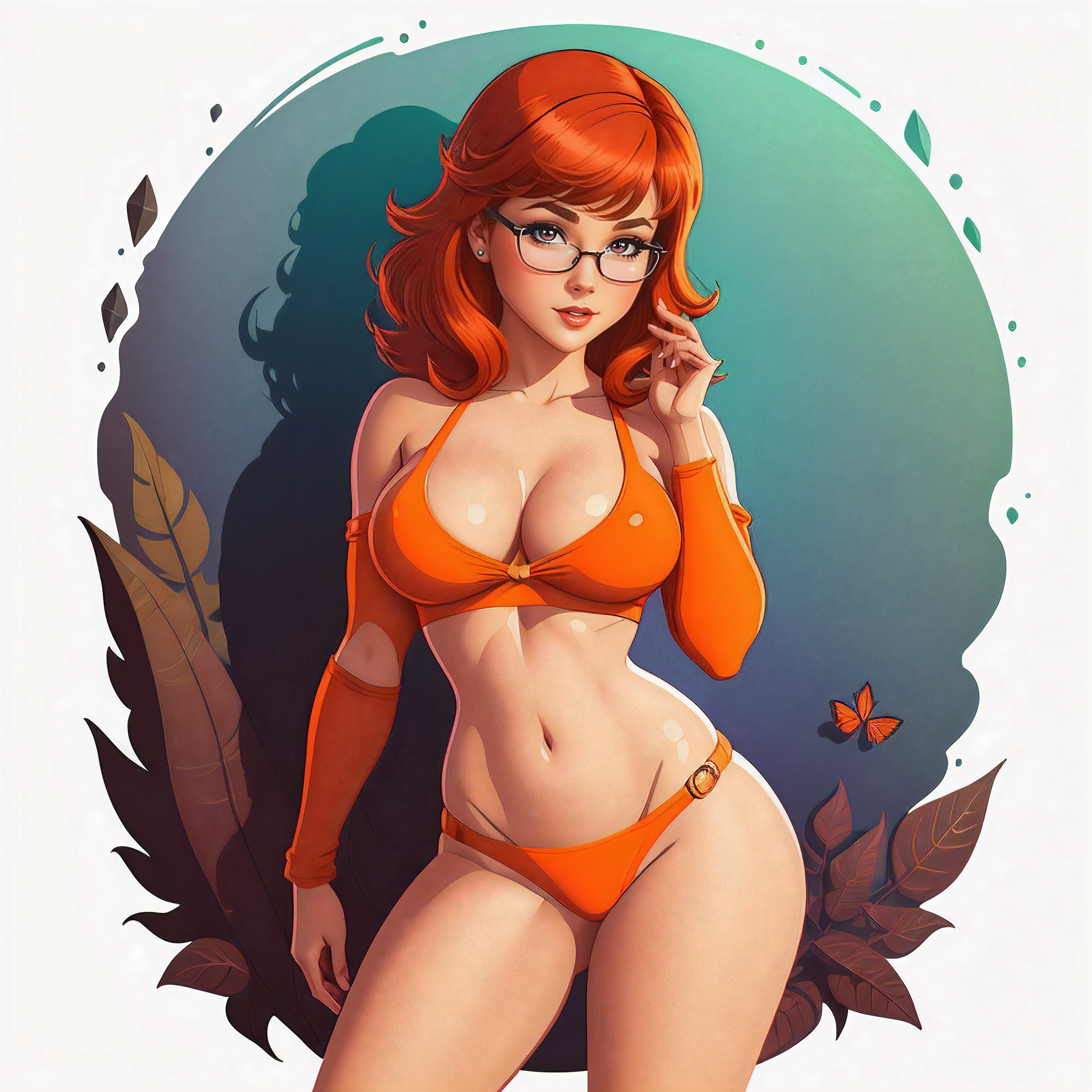 STICKER, A detailed illustration of a vivid Sexy Velma Dinkley from Scooby Doo naked, bare breasts, face view, ass view, side by side, orange thong, Solo Female, medium breasts, full cleavage, Full Body View, orange high heeled boots, soft nipples, hands behind her back, vintage t-shirt design, in the style of hand drawing, 3D vector art, fantasy art, watercolour effect, Adobe Illustrator, hand-drawn, digital painting, low-poly, soft lighting, isometric style, retro aesthetic, focused on the character, Best Quality, Masterpiece, Beautiful Eyes and Face Details