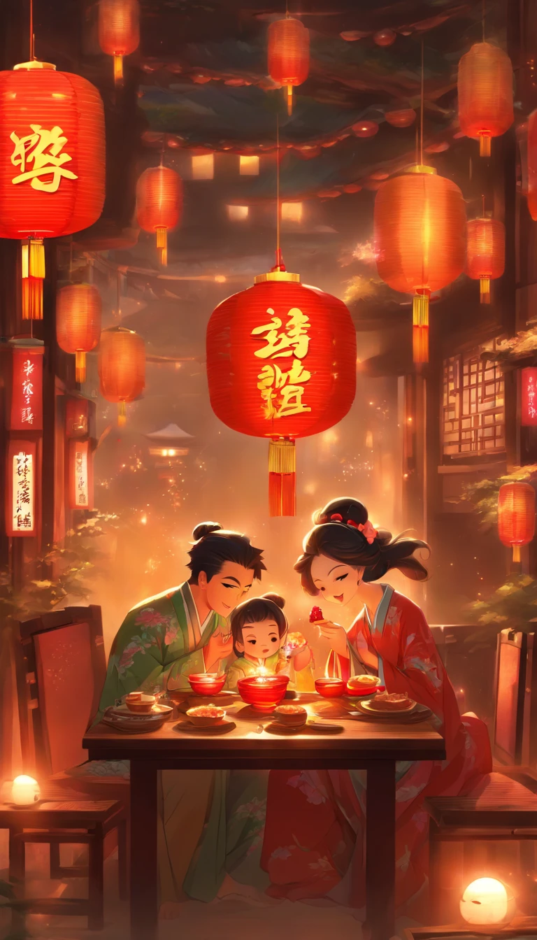 A family of three eating mooncakes,Happy expression of parents and children,There are mooncakes on the table, Food in hand, The round moon hangs lanterns high,Chinese style painting, exciting illustration, HD8K, Rich plot, intricate background, Rich character detail, Advanced perspective, Neon night view, Rich atmosphere,Strong three-dimensionality,Perfect scene detail, The overall style is rich and vibrant.