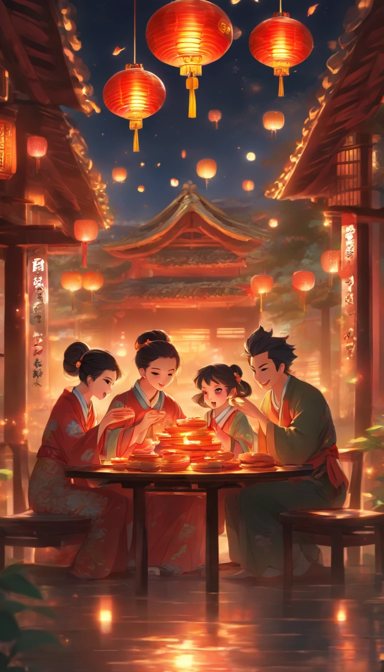 A family of three eating mooncakes,Happy expression of parents and children,There are mooncakes on the table, Food in hand, The round moon hangs lanterns high,Chinese style painting, exciting illustration, HD8K, Rich plot, intricate background, Rich character detail, Advanced perspective, Neon night view, Rich atmosphere,Strong three-dimensionality,Perfect scene detail, The overall style is rich and vibrant.