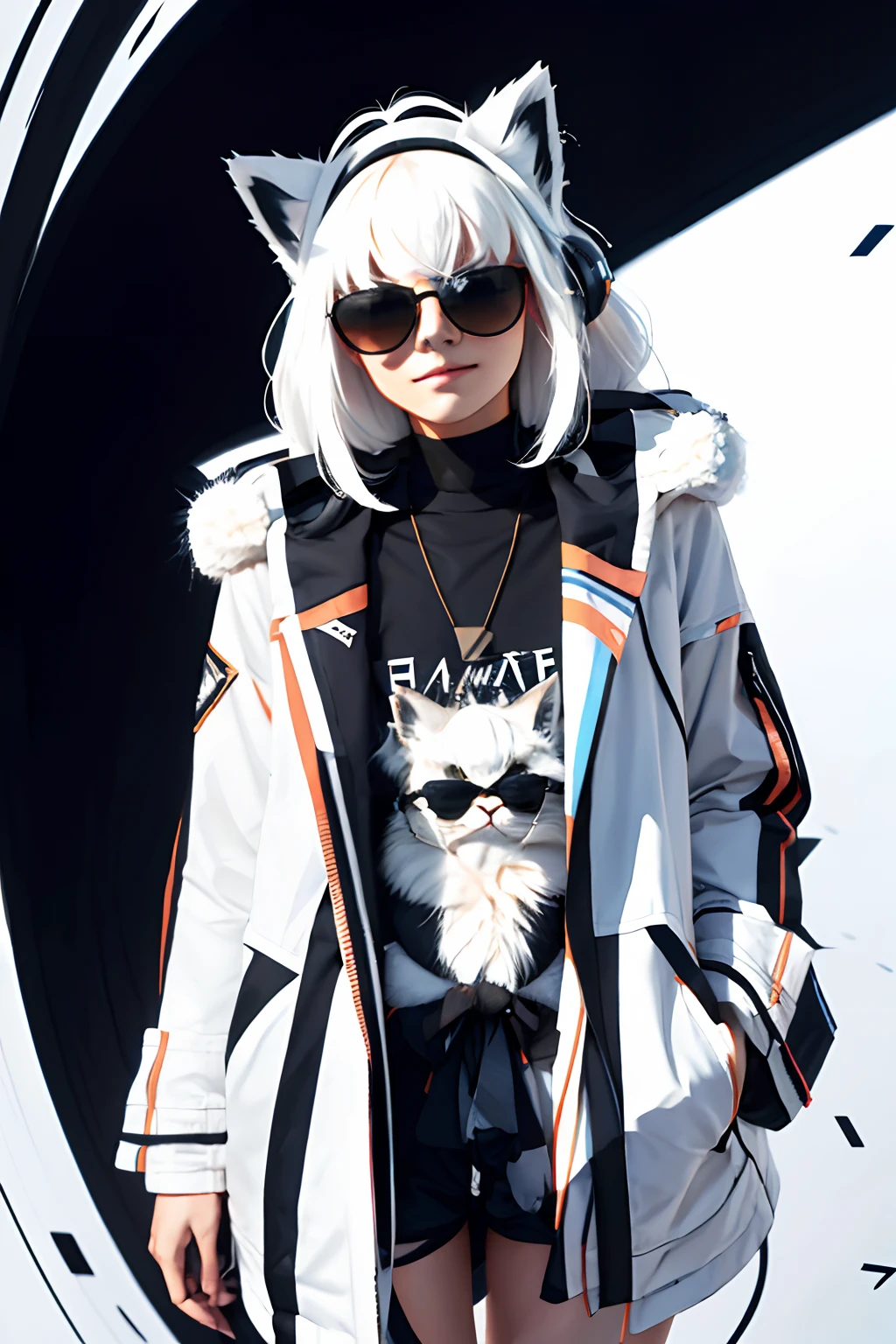 Perfect centering, Furry cute Persian cat, Wear a student team jacket, Wearing sunglasses, with headphones on, cheerfulness, Standing position, Abstract beauty, Centered, Looking at the camera, Facing the camera, nearing perfection, Dynamic, Highly detailed,  Sharp focus, 8K, A high resolution, illustration, Art by Carne Griffiths and Wadim Kashin, White background