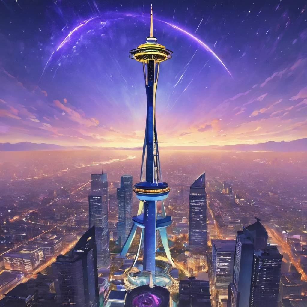 Isekai Space Needle、Space Needle of the near future、Space Needle、landmark、thunder clouds、lightning bolt、thunderstyle, simple purple background,　Space Needle floating in the night view of Seattle、fantasy art, The glowing Space Needle、Fantasy world of Seattle cityscape、from below, night sence, night city view, Composition with emphasis on the presence of the Space Needle、