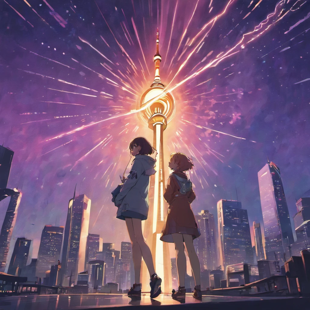 Isekai Space Needle、Space Needle of the near future、Space Needle、landmark、thunder clouds、lightning bolt、thunderstyle, simple purple background, Space Needle floating in the night view of Seattle、fantasy art, The glowing Space Needle、Fantasy world of Seattle cityscape、from below, night sence, night city view, Composition with emphasis on the presence of the Space Needle、