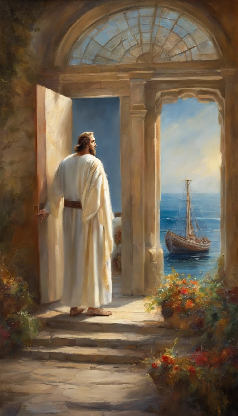 Vickers style, The graphics in the poster design are ocean colors, Living in the North Sea, Control thunderstorms at sea, portrait of jesus with white robe stand in front of a very big and tall door and opened his hands, Super sharp,Realistic details,Auspicious clouds, depth of fields, God Ray, fantasy coloring, romanticism lain, art-deco, Cinematic lighting, Depth of field, Sparkle, god light, Ray tracing, Ultra-wide angle, first person perspective, Wide shot, hyper HD, High quality, High details, Textured skin, Best quality