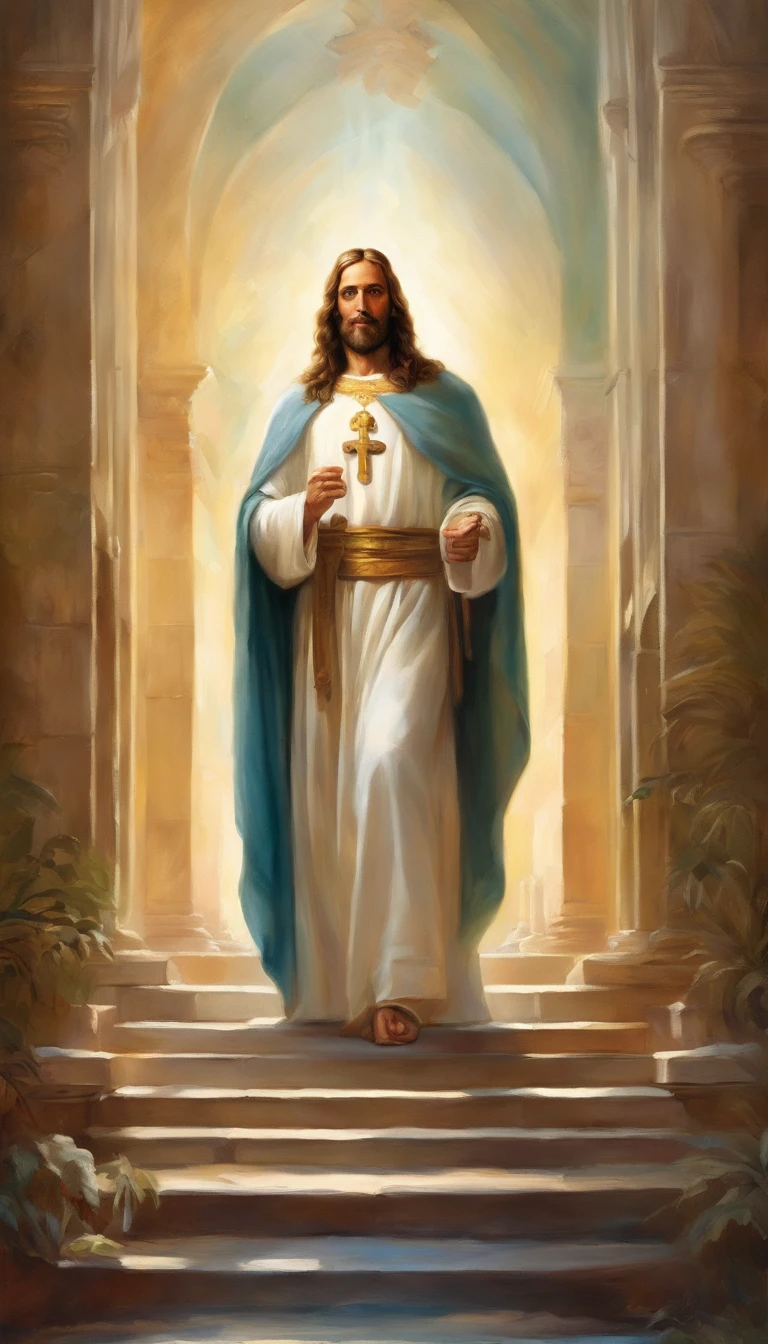 Vickers style, The graphics in the poster design are ocean colors, Living in the North Sea, Control thunderstorms at sea, portrait of jesus with white robe stand in front of a very big and tall door and opened his hands, Super sharp,Realistic details,Auspicious clouds, depth of fields, God Ray, fantasy coloring, romanticism lain, art-deco, Cinematic lighting, Depth of field, Sparkle, god light, Ray tracing, Ultra-wide angle, first person perspective, Wide shot, hyper HD, High quality, High details, Textured skin, Best quality