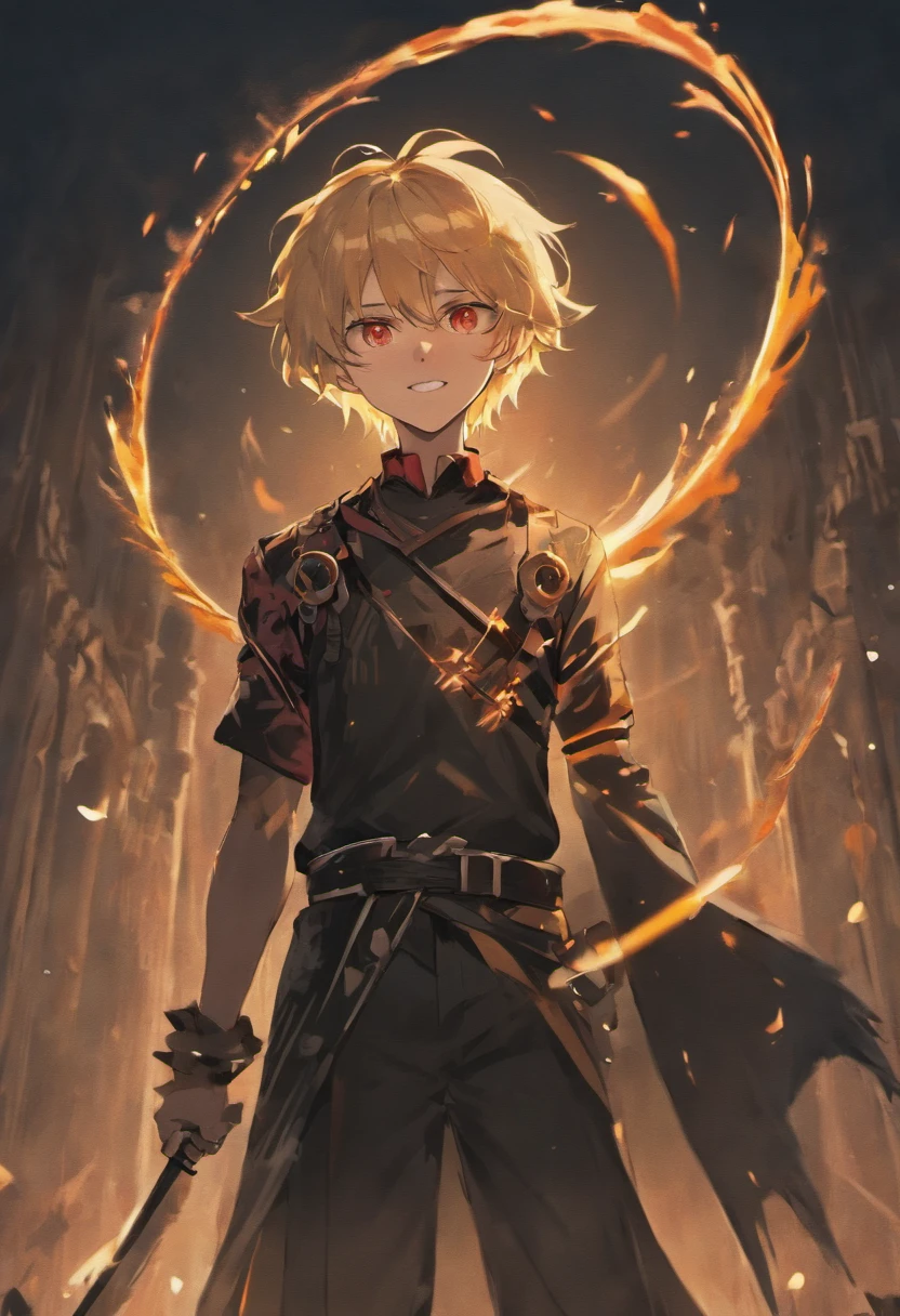 male teenager antagonist with a scythe, his eyes filled with darkness and smiling. The scythe is extremely detailed, with sharp and menacing blades that reflect an eerie glow. His outfit is dark and tattered, adding to his sinister appearance.