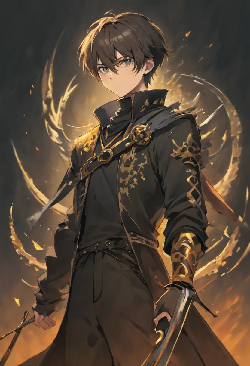 male teenager antagonist with a scythe, his eyes filled with darkness and smiling. The scythe is extremely detailed, with sharp and menacing blades that reflect an eerie glow. His outfit is dark and tattered, adding to his sinister appearance.