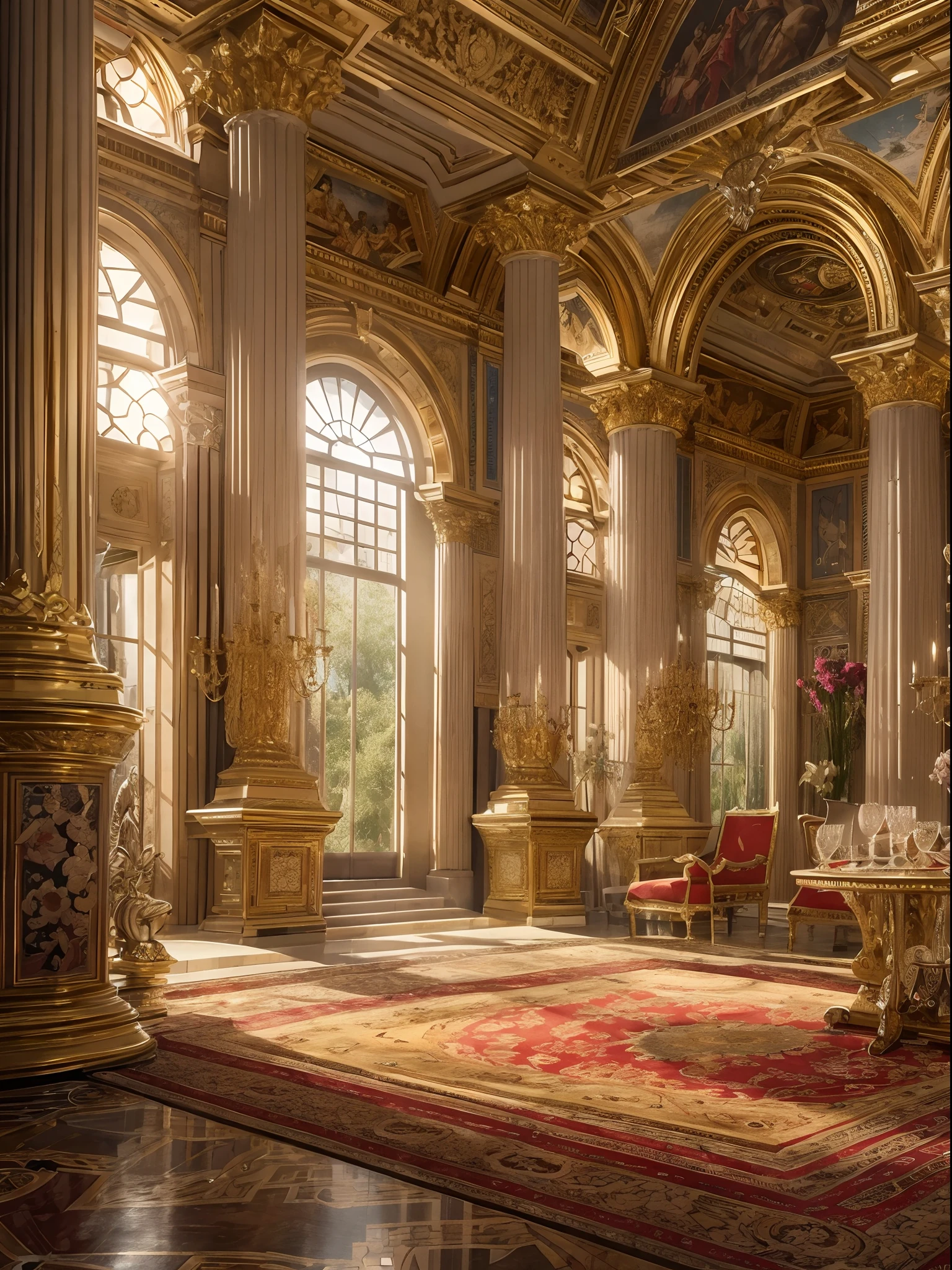 (best quality,4k,highres,masterpiece:1.2),ultra-detailed,realistic,ancient Roman empire palace,impressive architecture,ornate decorations,grand columns,majestic statues,rich historical ambiance,glowing marble floors,beautifully-carved sculptures,sunlight streaming through arched windows,elegant frescoes,exquisite mosaics,royal gardens with blooming flowers,fountain with sparkling water,elaborate tapestries and draperies,opulent throne room with a shining gold throne,elaborate banquet hall filled with nobles and feasts,vivid colors and rich textures,imperial guards in polished armor,splendor and grandeur of the Roman empire,portrait of the Emperor in the entrance hall,ageless beauty and enduring legacy,remnants of a glorious past,awe-inspiring sight of a magnificent empire.