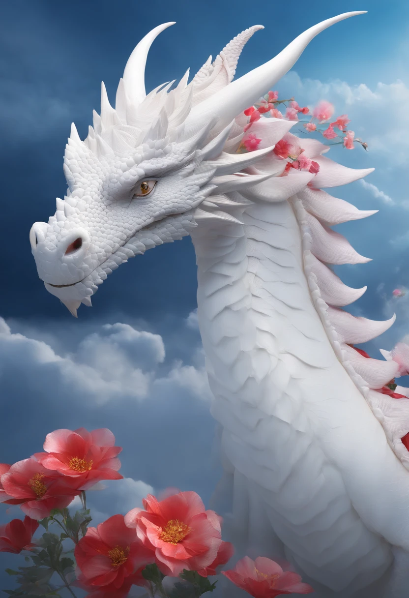 (Masterpiece), (Excellent), (Extremely fine), White dew, Square, spectator, Dragon tail horn, Upper body, Flowers, Streamers, Clouds,