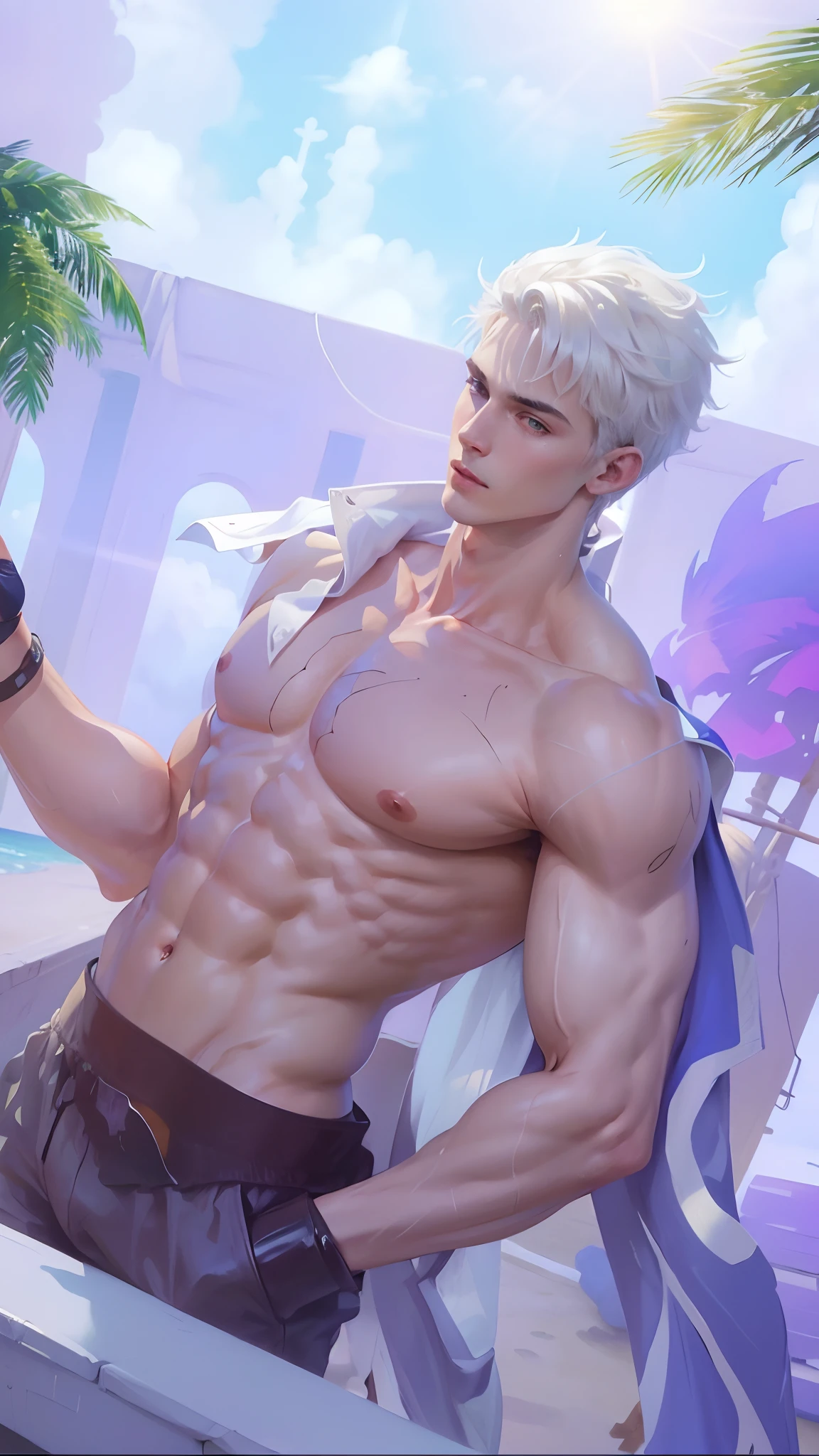 8K, Best Quality, Masterpiece, Ultra High Resolution, (Realistic: 1.4), Original Image, (Realistic Skin Texture: 1.3), (Film Grain: 1.3), (Selfie Angle), ( 1 guy), (Short hair), (White hair), Beautiful eyes and facial details, Masterpiece, Best quality, Close up, Toned body, Perfect muscles, Exposed chest muscles, Torso 8 pack, Natural skin, Hairless, Shirtless, Transparent white underwear, (Boy standing, (Summer, Beach, Trees, Coconut trees, Blue sky, White clouds, Sunlight)