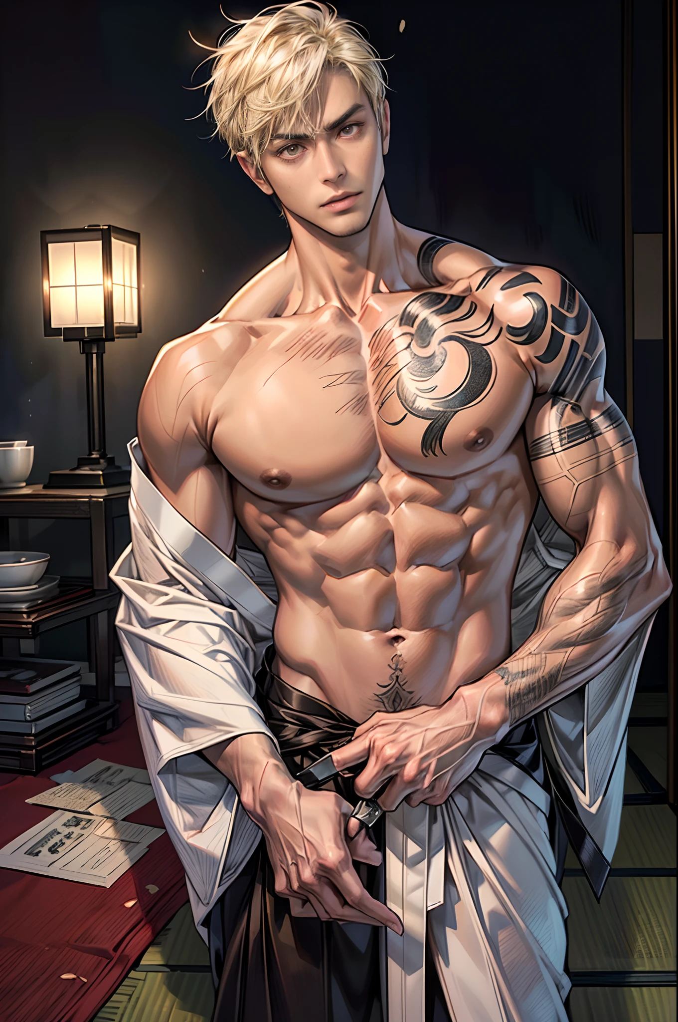 A handsome and strong Japanese yakuza 35 year old man lies in a Japanese-style room late at night,Wear a white kimono,Short blonde hair,Tanned skin,Healthy complexion,(Brown skin),Long slender figure,His body is covered with traditional Japanese tattoos,(Next to it is a Japanese-style short knife),It was dark, lantern,tatami floor,(((Ultra-low angle shooting))),((((high detal)))), (Full shot), (Photorealsitic,Photorealistic,photo-realistic:2), (perfect bodies), (Perfect face),(dregs:1.5), (Perfect eye), dangerous, bad-ass, Epic, ((((com rosto detalhado,Correct body structure,Correct body proportions))))