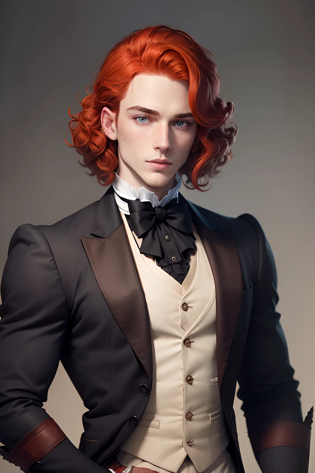 Handsome man with shoulder length, curly red hair, pale skin, and freckles. His eyes are bright blue and he has toned physique. He is cleanly shaven and wears Victorian style clothing.