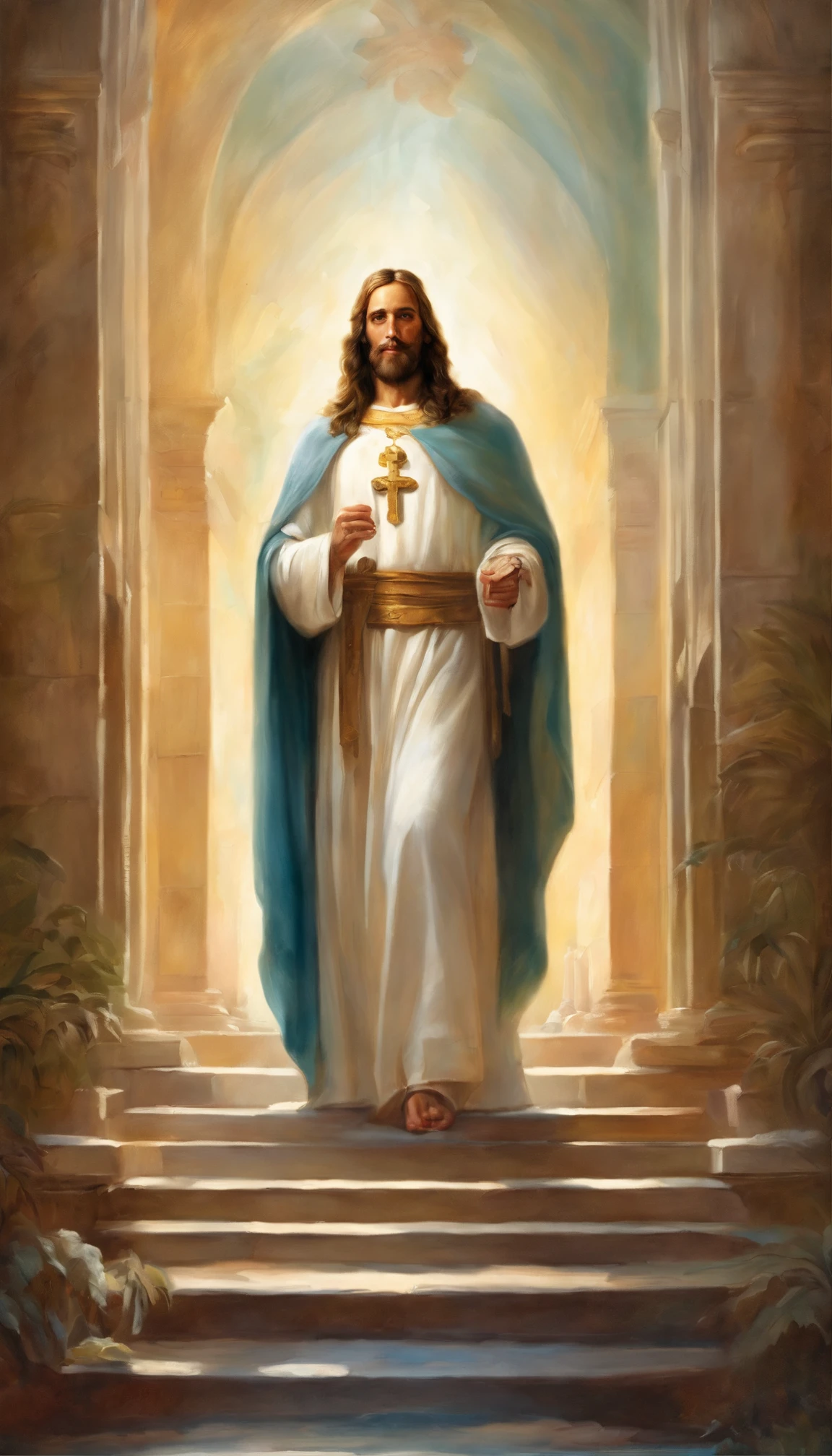Vickers style, The graphics in the poster design are ocean colors, Living in the North Sea, Control thunderstorms at sea, portrait of jesus with white robe stand in front of a very big and tall door and opened his hands, Super sharp,Realistic details,Auspicious clouds, depth of fields, God Ray, fantasy coloring, romanticism lain, art-deco, Cinematic lighting, Depth of field, Sparkle, god light, Ray tracing, Ultra-wide angle, first person perspective, Wide shot, hyper HD, High quality, High details, Textured skin, Best quality