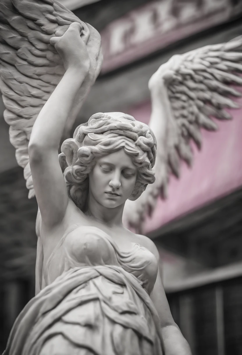 Portrait Medusa White Statue, mix color amazing Wings, black and White, Graffiti Comic Abstract, Pink snakes, photography style