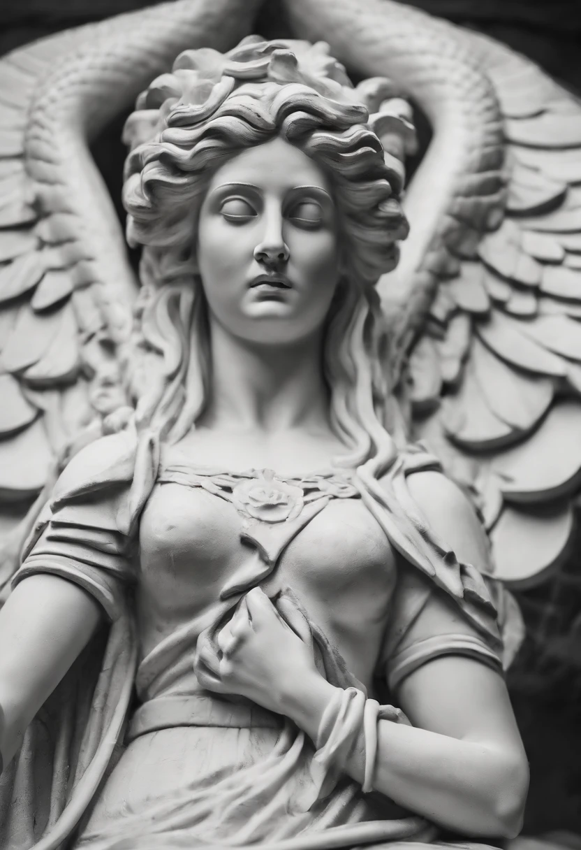 Portrait Medusa White Statue, mix color amazing Wings, black and White, Graffiti Comic Abstract, Pink snakes, photography style