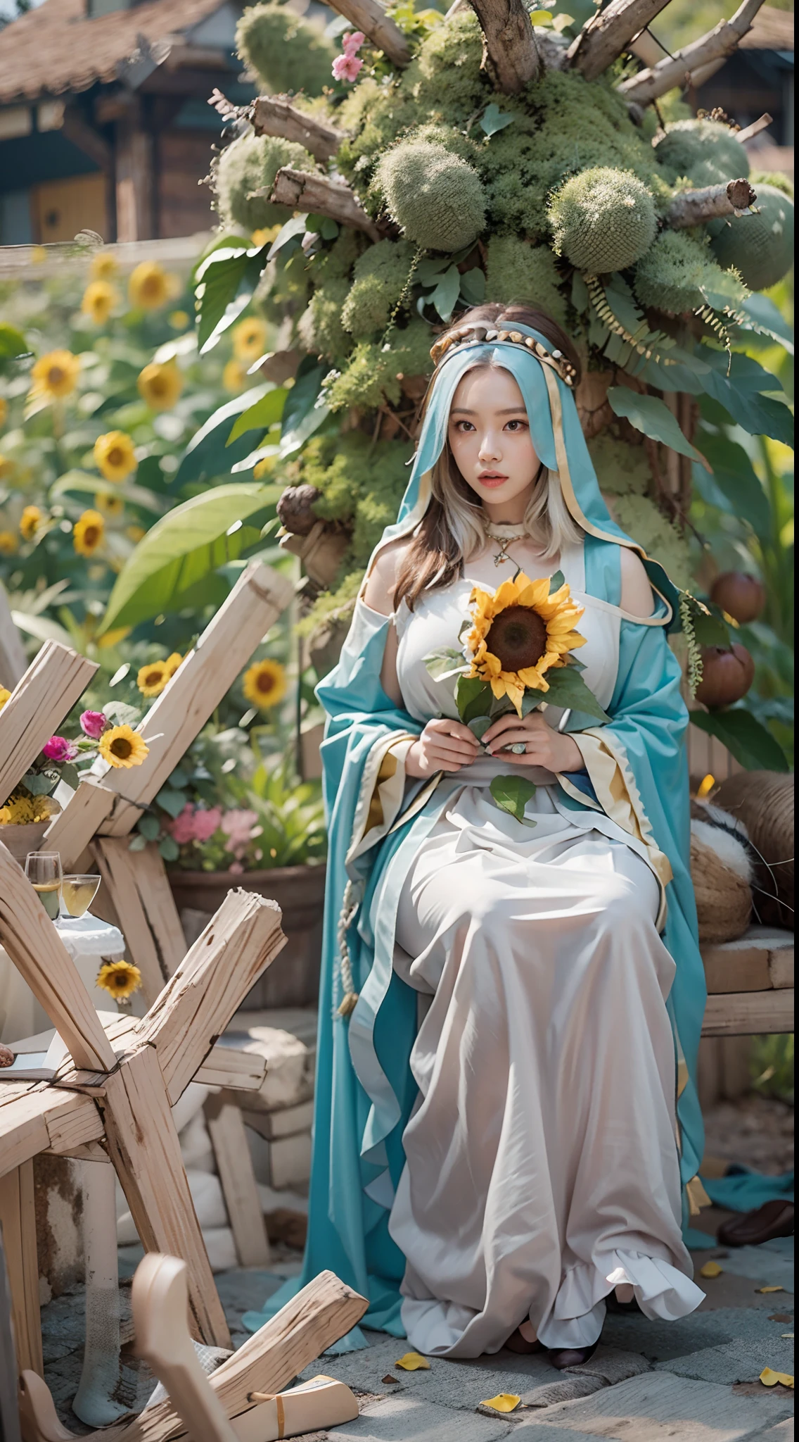 In a very grand scene，The extra-large wide-angle lens captures the appearance of a female centaur。She is a Sunflower Worship nun，Always opposed（A knitted sunflower puppet 9.9）DOA。She is tall，It has the ultimate curvy beauty，The muscles are slender and firm，Beautiful lines。She has（Super huge sky blue eyes：99.99）、always（Wearing sexy glasses：6.66）、（She wears solemn nun attire：9.9）、Stepping on a boot-style skyscraper-heel、A pink cross hangs on his chest。Use Midjourney's advanced tools，Designed for female centaurs（一个针织太阳花布偶并在花盘中心创造一张超级治愈的emoji😊笑脸：99.99），and noble and solemn nun costumes，and highlight her unique physiological characteristics and appearance details，Add realism。And in the context of her prayers and listening to confessions，Spectacular views of nature，Such as the sky where storms and sunny days alternate、Brilliant rivers of stars and auroras、The snow-capped summit of Mount Everest、Fireworks in the mountain town, etc。ao mesmo tempo，Away from the hustle and bustle next to the chapel，Create a fantastic scene。Use Midjourney's advanced tools and multiple color palettes、Brush Strokes、Texture tools and model packages，It shows a sense of atmosphere where beauty and charm coexist。The charm of the female centaur is highlighted through color and lines，Enhance realism with detailing，Create a surreal dreamy feeling。Additionally，Use Midjourney's tools to add various exorcism props and books to the female centaur、pergaminhos，Create intricate hairstyles and outfits，Give her a sense of premium。She never flinches，No matter what monster you encounter，can respond quickly，Even the most extreme armies of natural disasters and monsters could not stop her and her front（Sunflower with Tyndall effect that emits sunlight9.99）。Use Midjourney's powerful tools，You can do it with incredible detail and beauty，Bring this ultra-grand and beautiful scene to life。Ultra-grand scenes，super wide shot， hdr，（真实感，Masterpiece quality，best qualtiy），