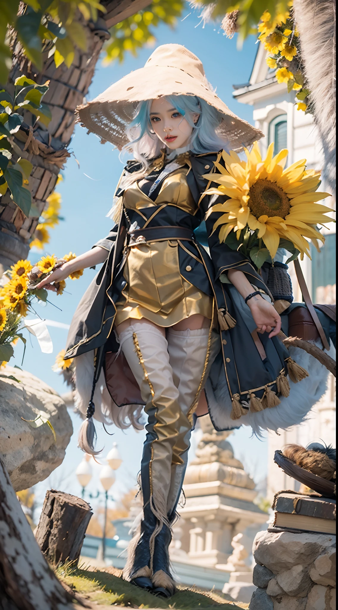 In a very grand scene,The extra-large wide-angle lens captures the appearance of a female centaur。She is a Sunflower Worship nun,Always opposed(A knitted sunflower puppet 9.9)DOA。She is tall,It has the ultimate curvy beauty,The muscles are slender and firm,Beautiful lines。She has(Super huge sky blue eyes:99.99)、always(Wearing sexy glasses:6.66)、(She wears solemn nun attire:9.9)、Stepping on a boot-style skyscraper-heel、A pink cross hangs on his chest。Use Midjourney's advanced tools,Designed for female centaurs(一个针织太阳花布偶并在花盘中心创造一张超级治愈的emoji😊笑脸:99.99),and noble and solemn nun costumes,and highlight her unique physiological characteristics and appearance details,Add realism。And in the context of her prayers and listening to confessions,Spectacular views of nature,Such as the sky where storms and sunny days alternate、Brilliant rivers of stars and auroras、The snow-capped summit of Mount Everest、Fireworks in the mountain town, etc。ao mesmo tempo,Away from the hustle and bustle next to the chapel,Create a fantastic scene。Use Midjourney's advanced tools and multiple color palettes、Brush Strokes、Texture tools and model packages,It shows a sense of atmosphere where beauty and charm coexist。The charm of the female centaur is highlighted through color and lines,Enhance realism with detailing,Create a surreal dreamy feeling。Additionally,Use Midjourney's tools to add various exorcism props and books to the female centaur、pergaminhos,Create intricate hairstyles and outfits,Give her a sense of premium。She never flinches,No matter what monster you encounter,can respond quickly,Even the most extreme armies of natural disasters and monsters could not stop her and her front(Sunflower with Tyndall effect that emits sunlight9.99)。Use Midjourney's powerful tools,You can do it with incredible detail and beauty,Bring this ultra-grand and beautiful scene to life。Ultra-grand scenes,super wide shot, hdr,(真实感,Masterpiece quality,best qualtiy),
